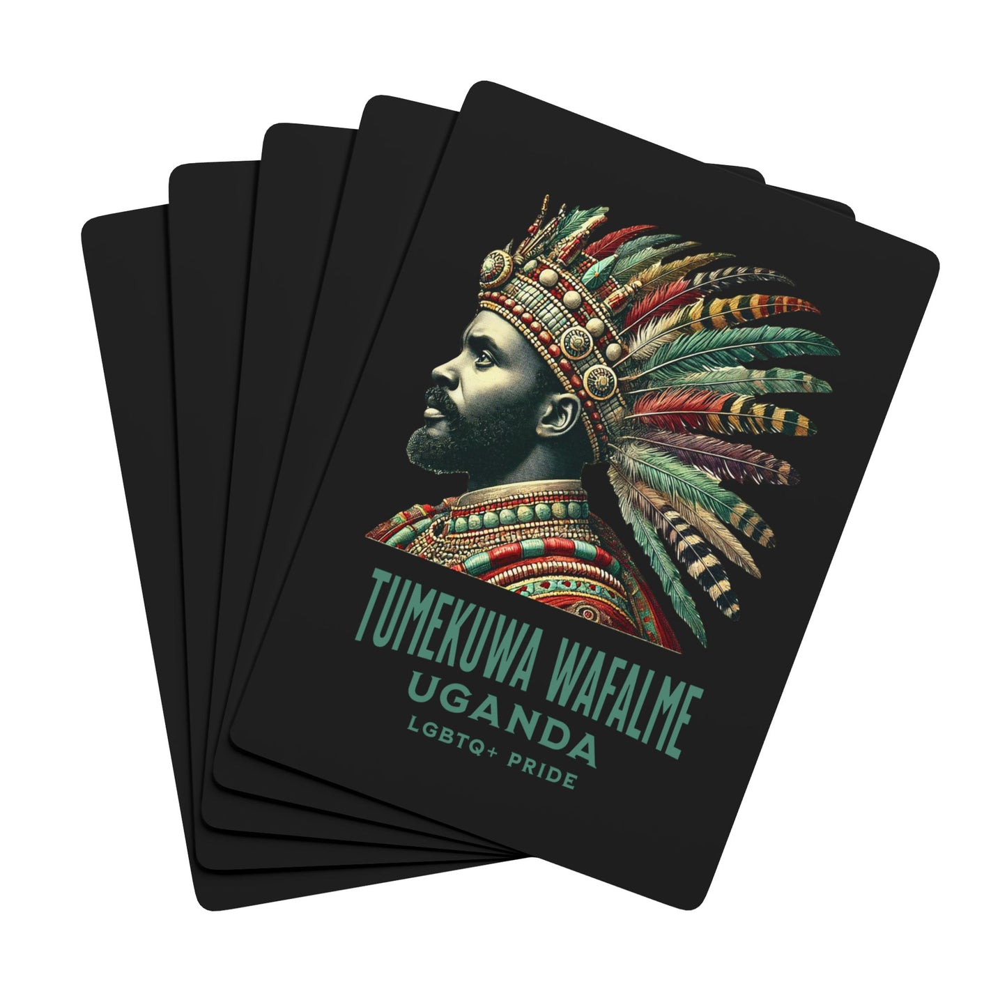 Uganda LGBTQ+ poker cards featuring a royal warrior in beaded armor and feathered headdress, celebrating Pride.