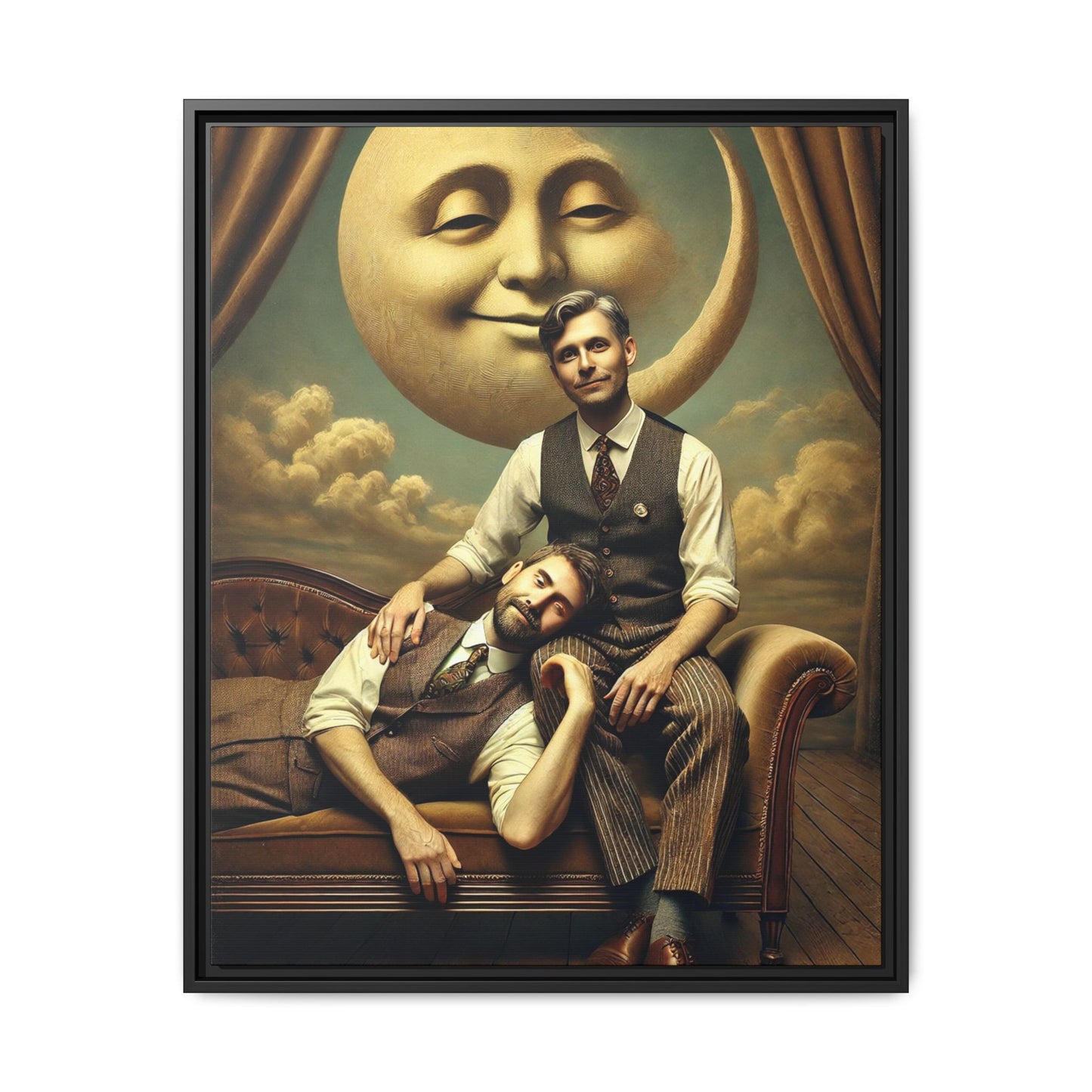 Vintage-style artwork of two men in 1920s clothing sitting close, one resting his head on the other’s lap beneath a smiling moon. Surrounded by theatrical curtains and clouds, this original piece honors lost queer love and challenges historical erasure with tenderness and pride.