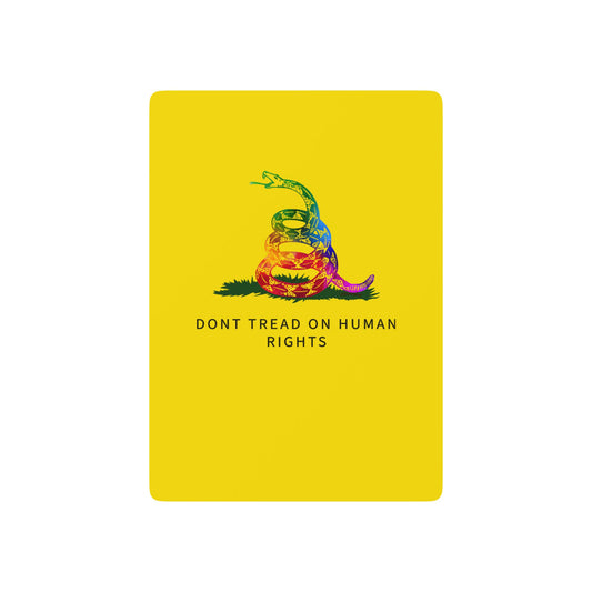 LGBTQ+ Gadsden Flag poker cards featuring a rainbow-colored rattlesnake and the message ‘Don't Tread on Human Rights.