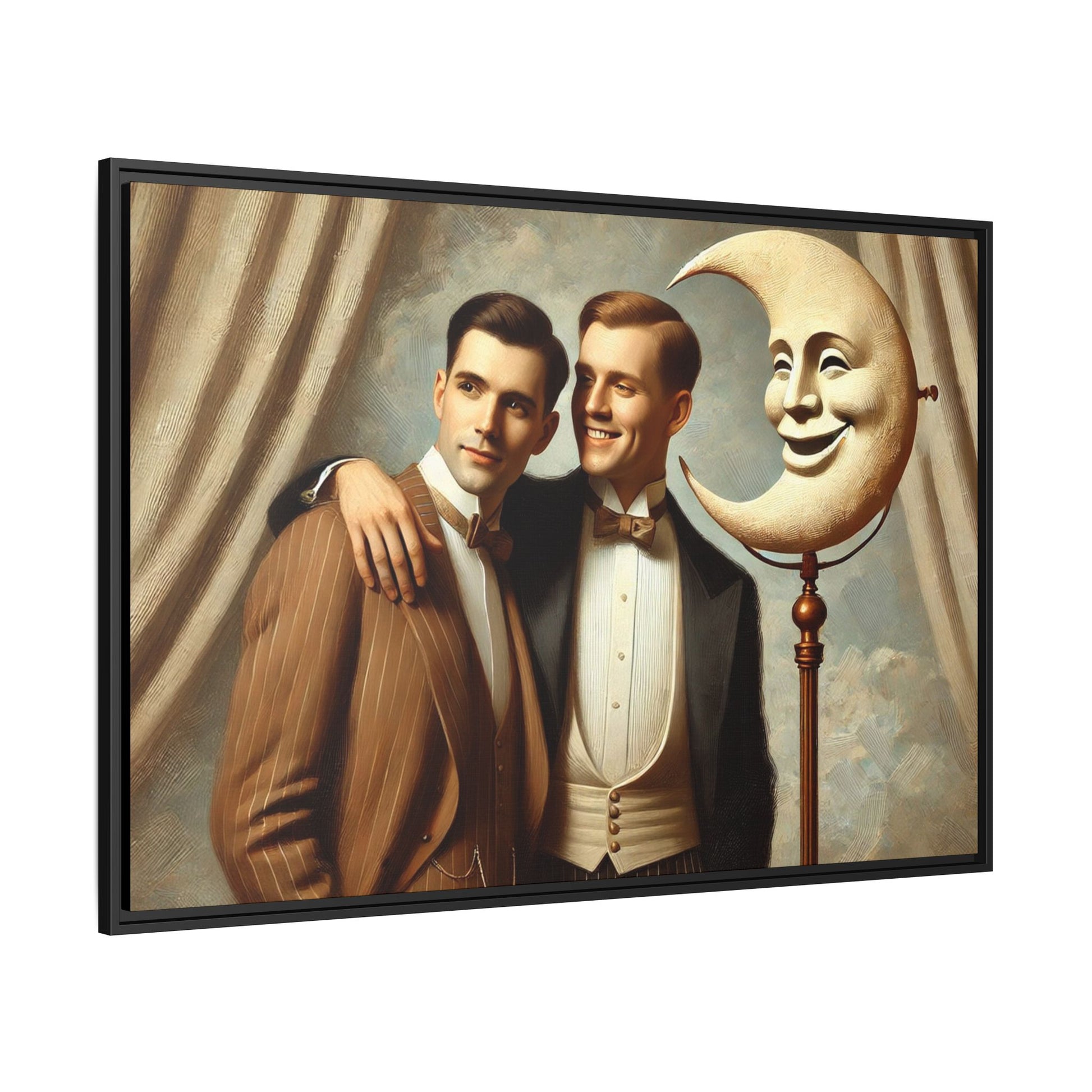 Framed matte canvas artwork of two men in vintage tuxedos standing beside a crescent moon prop. This piece reclaims LGBTQ+ representation lost to bias and honors everyday moments of affection and connection once absent from historical archives.