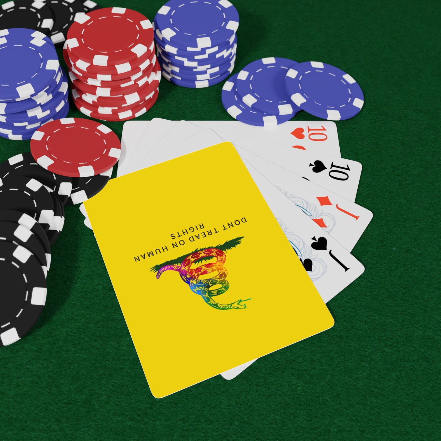 LGBTQ+ Gadsden Flag poker cards featuring a rainbow-colored rattlesnake and the message ‘Don't Tread on Human Rights.