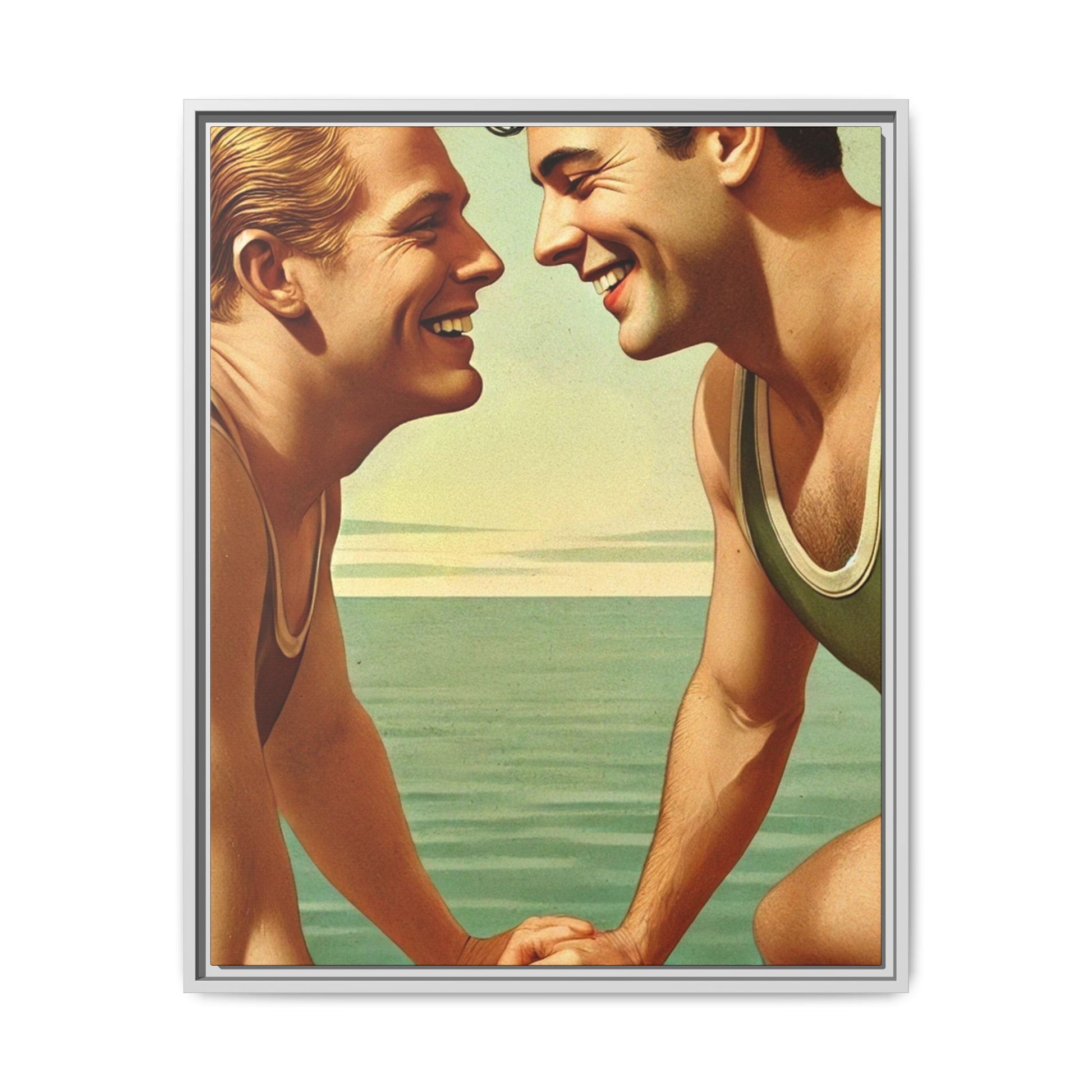 Vintage-style artwork of a joyful 1930s moment between a gay couple by the lake, dressed in classic swimwear and sharing warm smiles. Set on a serene wooden dock, this piece captures love, companionship, and LGBTQ+ history in an idyllic, nostalgic summer setting.