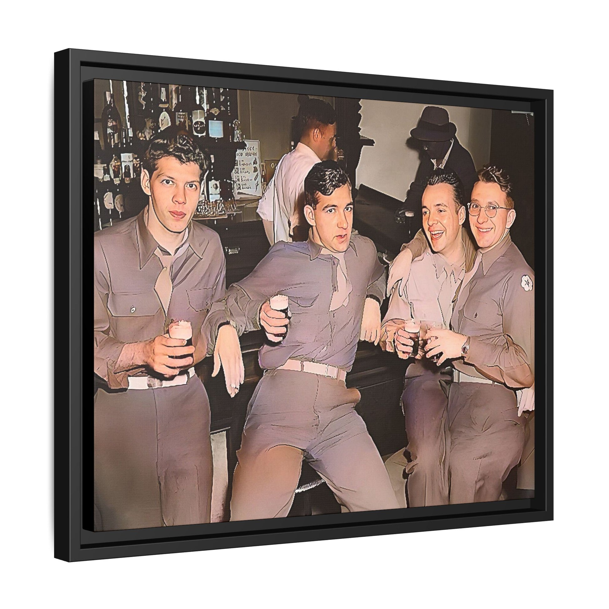 Restored vintage photograph of soldiers in uniform gathered at Jackson's gay bar in mid-20th century San Francisco. Framed matte canvas print celebrating camaraderie, resilience, and LGBTQ+ history