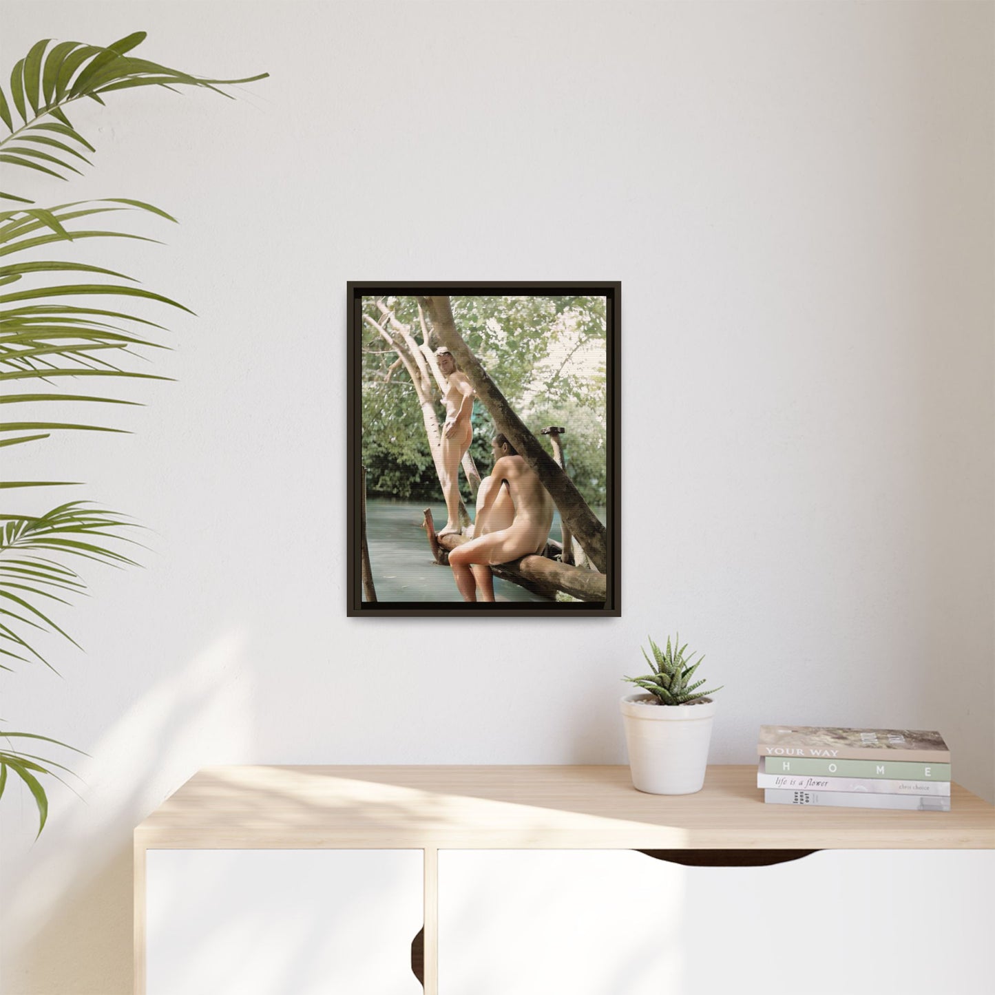 Restored early 1900s photo of men swimming nude  celebrating love and strength by James River in South Dakota, framed as wall art. Gay History