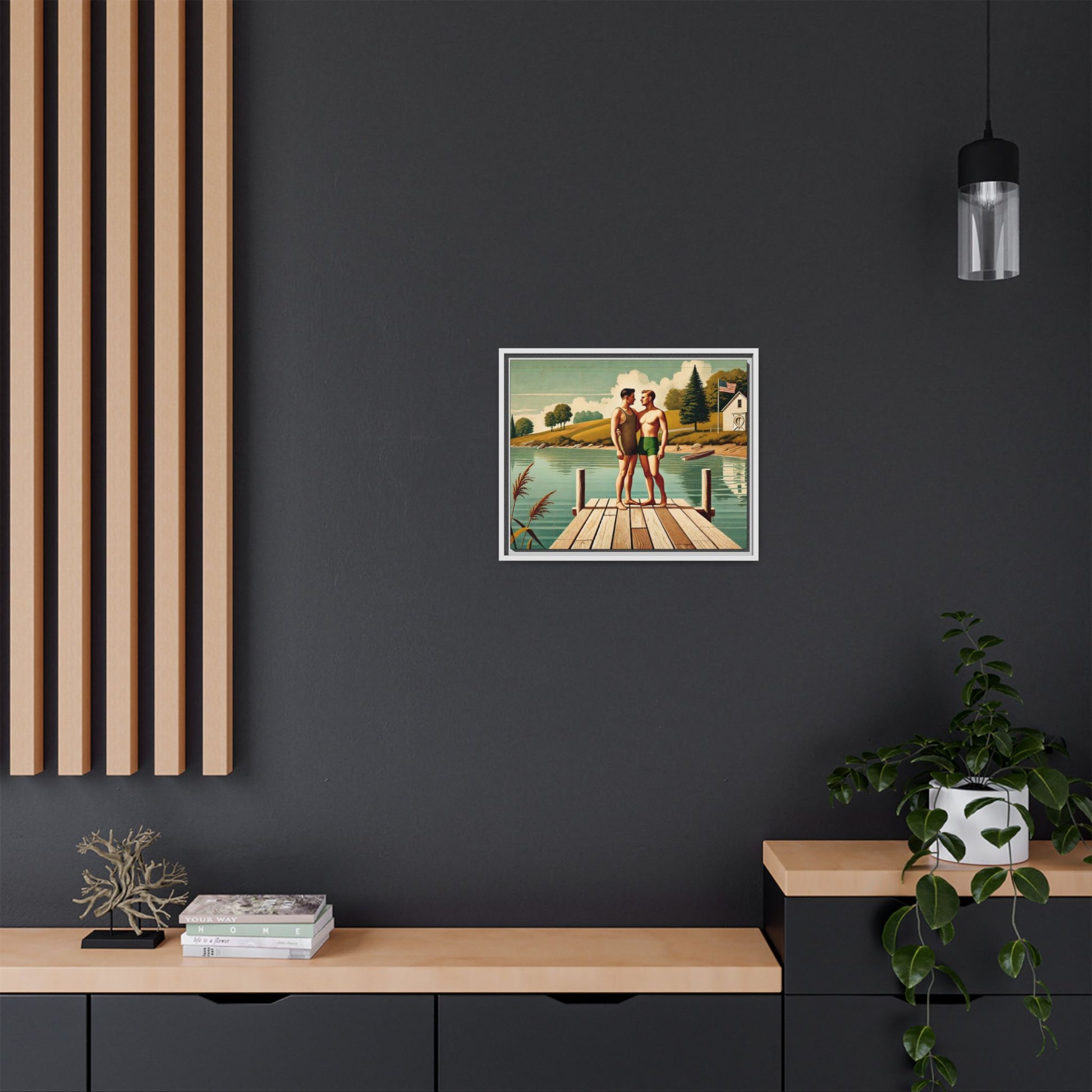 Framed artwork of a gay couple sharing a tender moment on a wooden dock by a peaceful lake, dressed in vintage swimwear. Set against rolling hills and a lakeside cabin, this nostalgic scene honors LGBTQ+ love in a serene Midwestern summer setting.