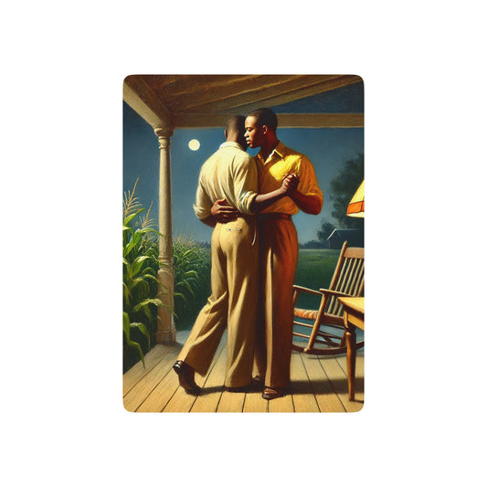 Vintage-style poker cards featuring two Black men dancing on a rural porch under moonlight, symbolizing Queer love and resilience. Black Love