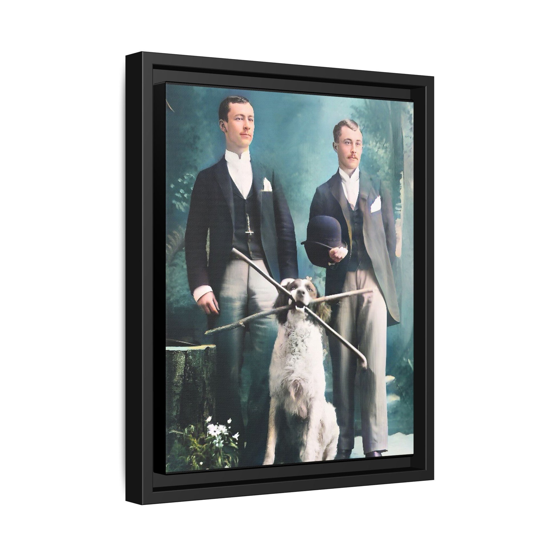 Restored vintage photograph of Patrick and Everett, an Edwardian gay couple with their loyal dog, taken in early 1900s Frankfort, Kentucky. Framed matte canvas print celebrating LGBTQ+ history, love, and companionship. Gay Couple