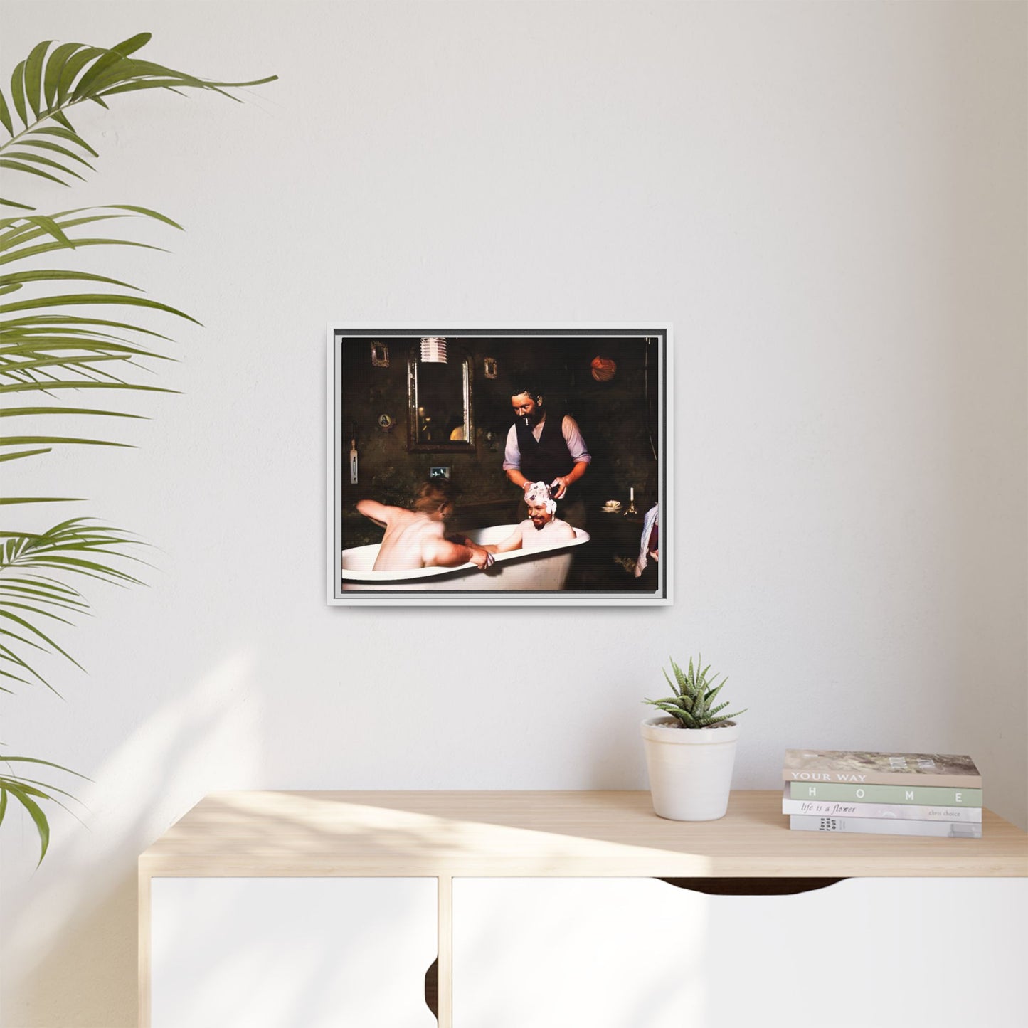 Restored vintage photo of camaraderie at Walsh Depot, Battle Mountain, NV, featuring a clawfoot tub, and framed canvas art. Naked Men in the bathtub. Gay Bears
