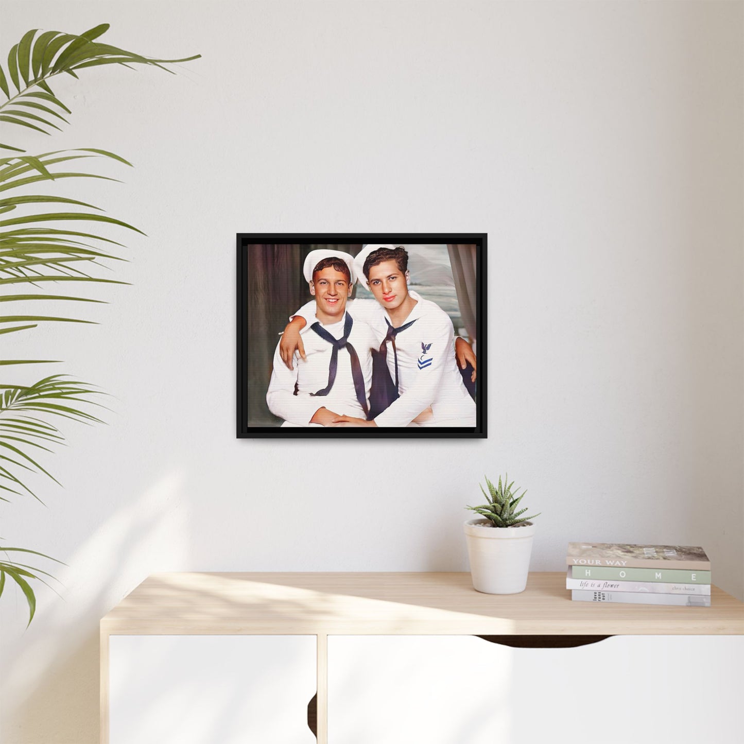A restored vintage Navy portrait of Kenny and William at Fort Lee, Virginia. This framed matte canvas print honors military camaraderie, resilience, and LGBTQ+ history with a timeless tribute to friendship and love. Gay Couple Sailors Navy