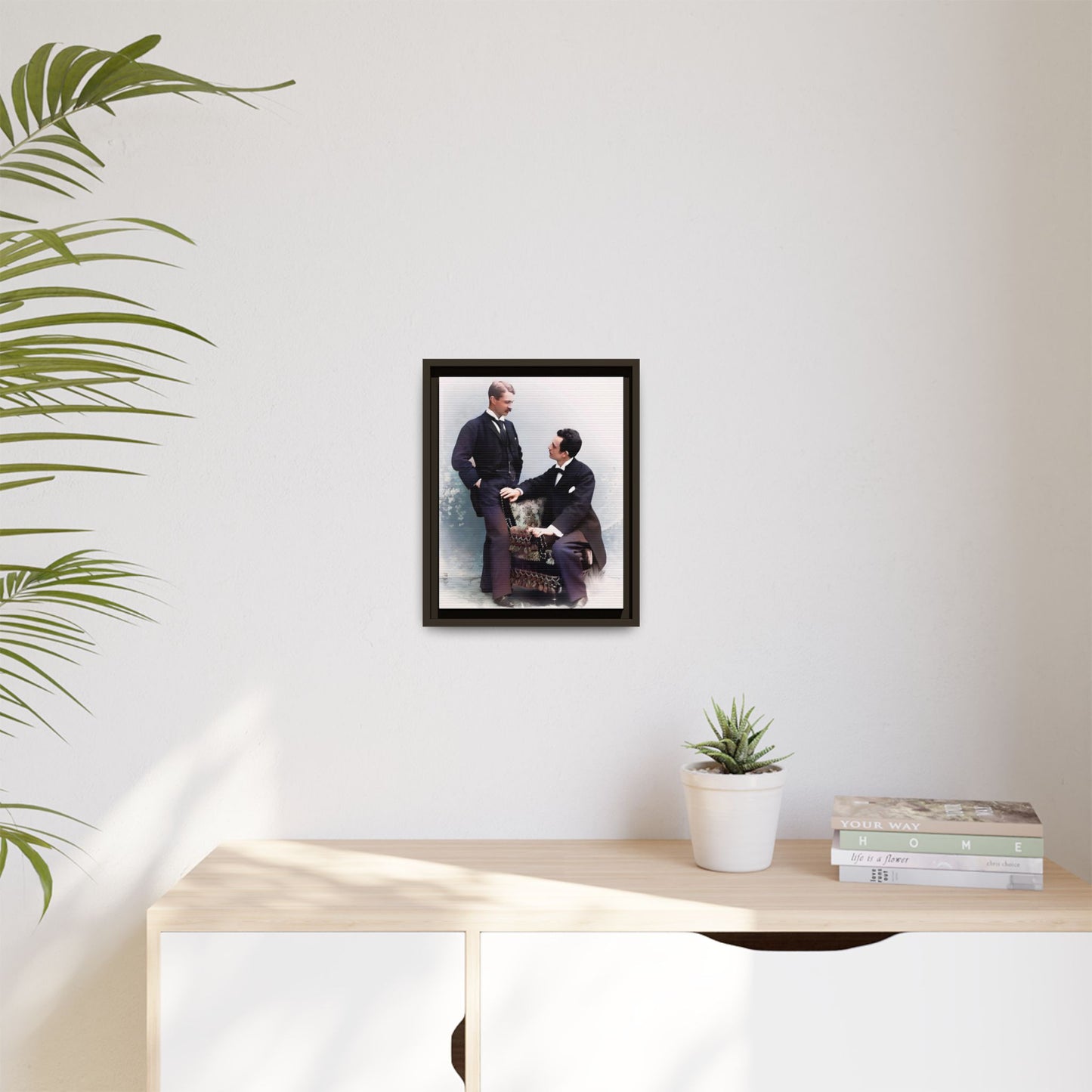 A beautifully restored vintage portrait of Ernest & Richard in Wilmington, North Carolina, exuding elegance and deep connection. Dressed in refined suits, their poised expressions capture a timeless LGBTQ+ love story, making this framed matte canvas print a stunning historical art piece for collectors and enthusiasts.