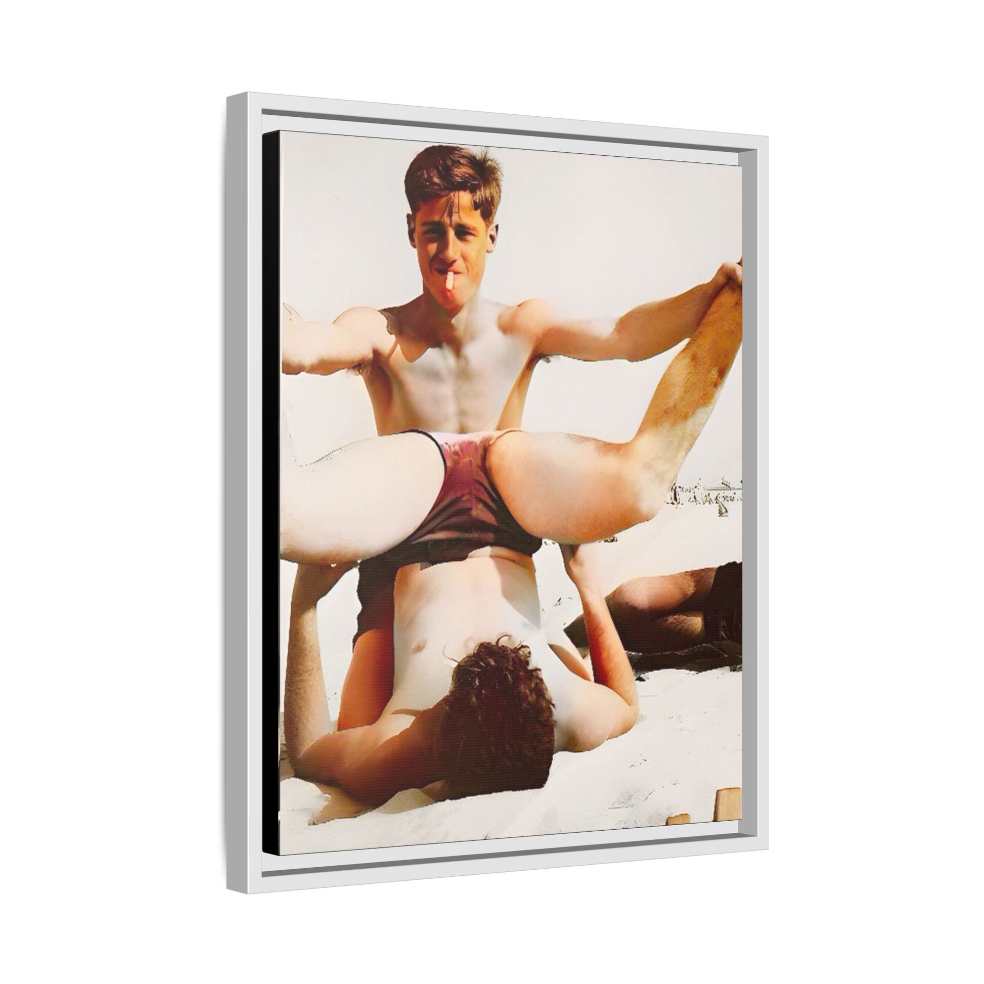 Restored mid-20th century photo of Mitch and Sam at 12th Street Beach, Miami, sharing a playful moment of love and joy, framed as wall décor.