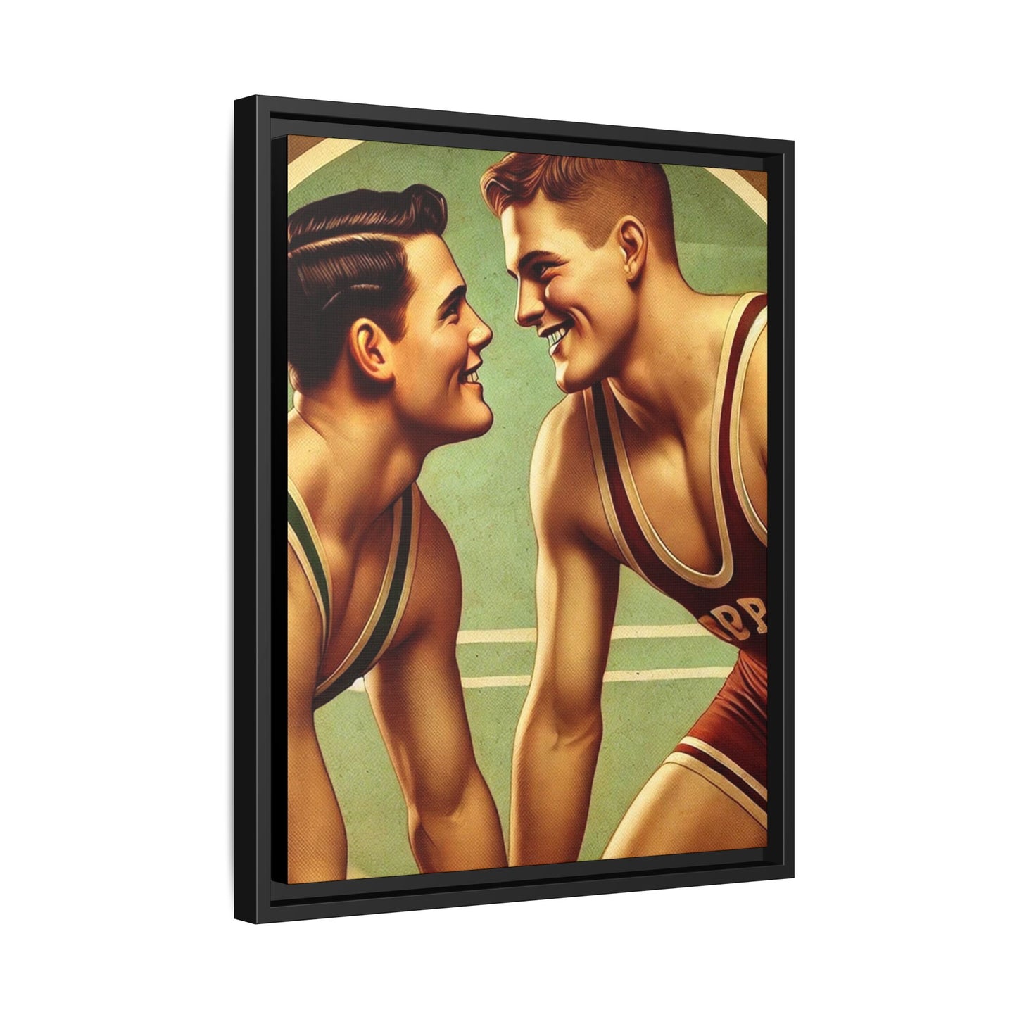 Framed artwork of two young wrestlers in vintage singlets on a stylized mat, inspired by Grant Wood's nostalgic Americana style.