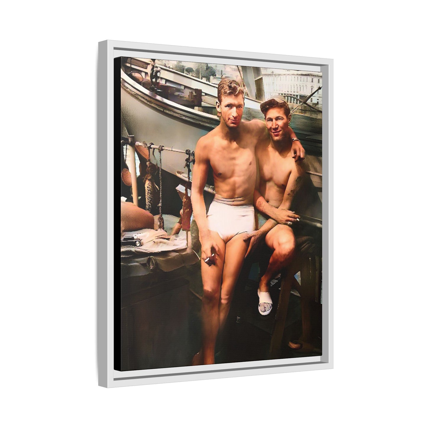 A framed vintage nautical portrait on matte canvas featuring Richard and Joey in Gulf Shores, Alabama, capturing timeless LGBTQ+ connection and coastal charm. Gay Couple