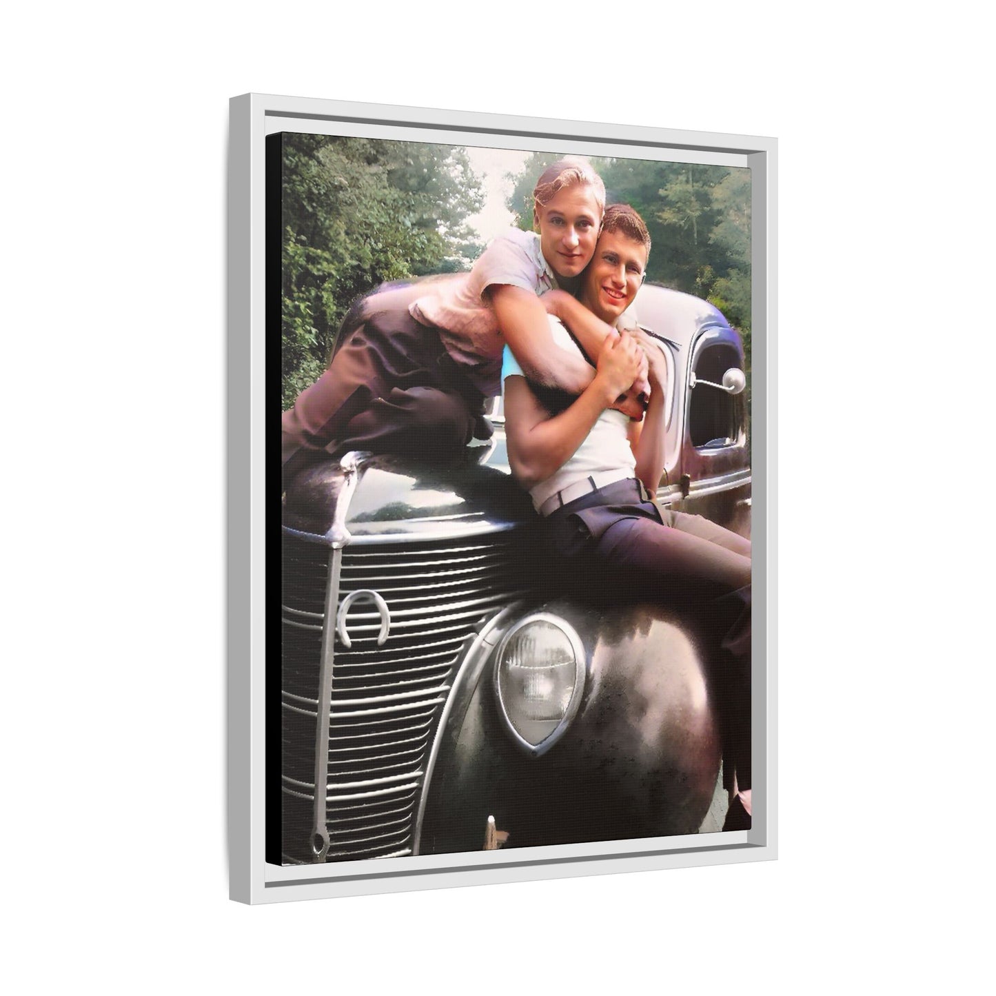 Vintage LGBTQ+ love portrait of Kent & Jamie in Watkins Glen, NY. A nostalgic moment on a classic car, now a museum-quality matte canvas print with handcrafted frame options. Perfect for collectors and those celebrating LGBTQ+ history. Gay Couple