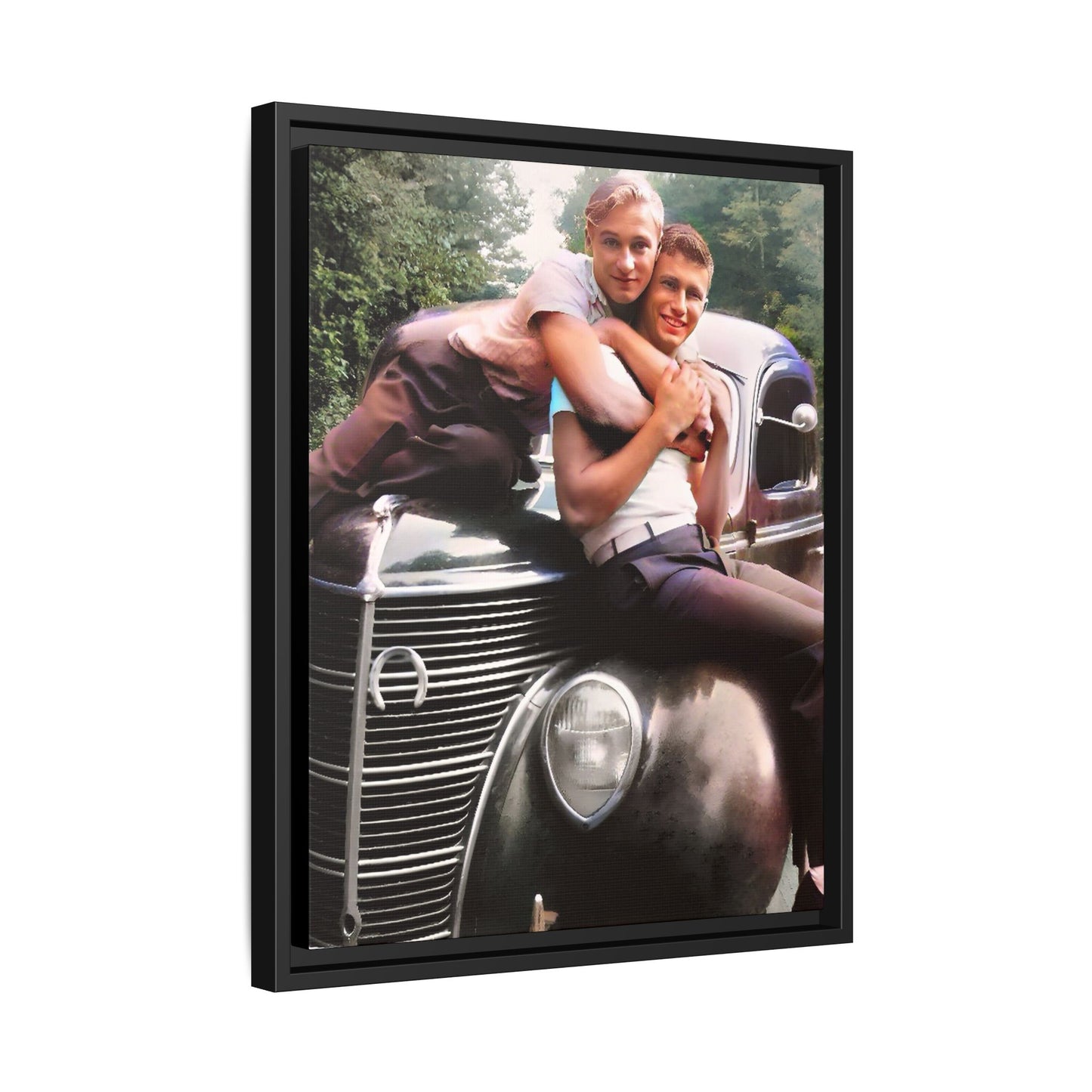 Vintage LGBTQ+ love portrait of Kent & Jamie in Watkins Glen, NY. A nostalgic moment on a classic car, now a museum-quality matte canvas print with handcrafted frame options. Perfect for collectors and those celebrating LGBTQ+ history. Gay Couple
