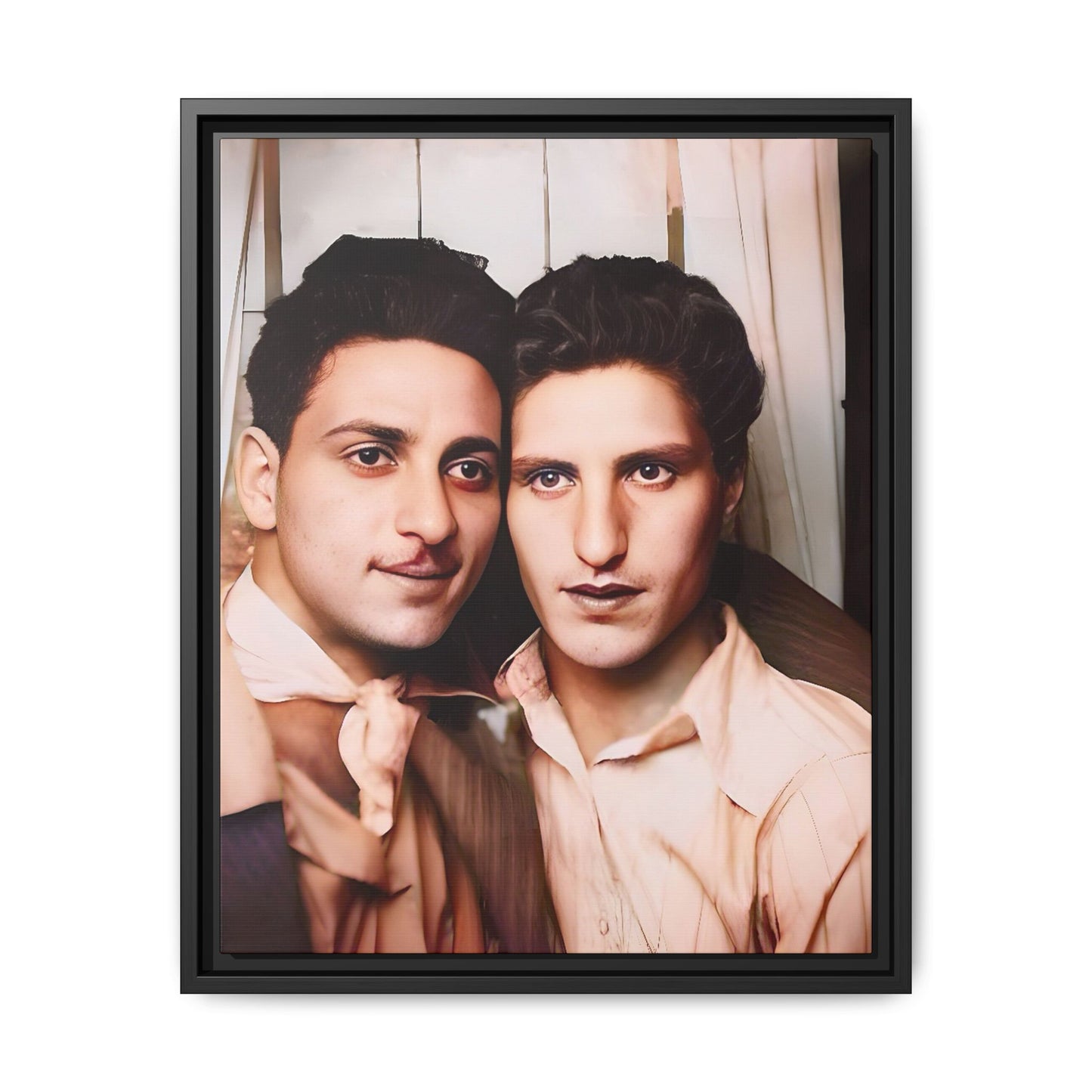 A framed vintage photo booth portrait on matte canvas featuring Juan and Lawrence in Santa Monica, California, capturing timeless LGBTQ+ love and companionship. Gay Couple