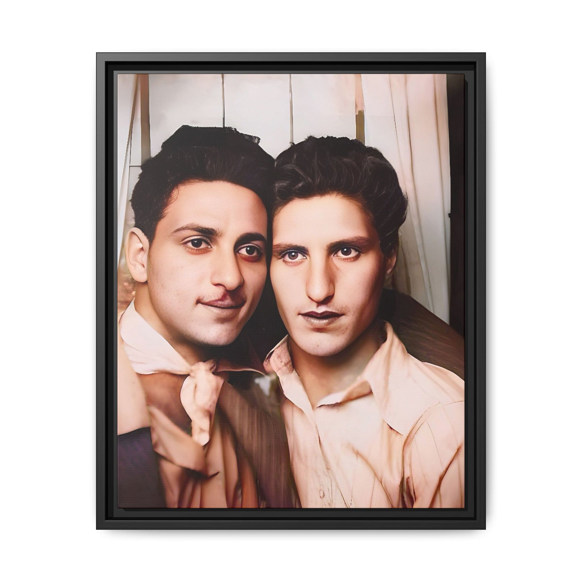 A framed vintage photo booth portrait on matte canvas featuring Juan and Lawrence in Santa Monica, California, capturing timeless LGBTQ+ love and companionship. Gay Couple