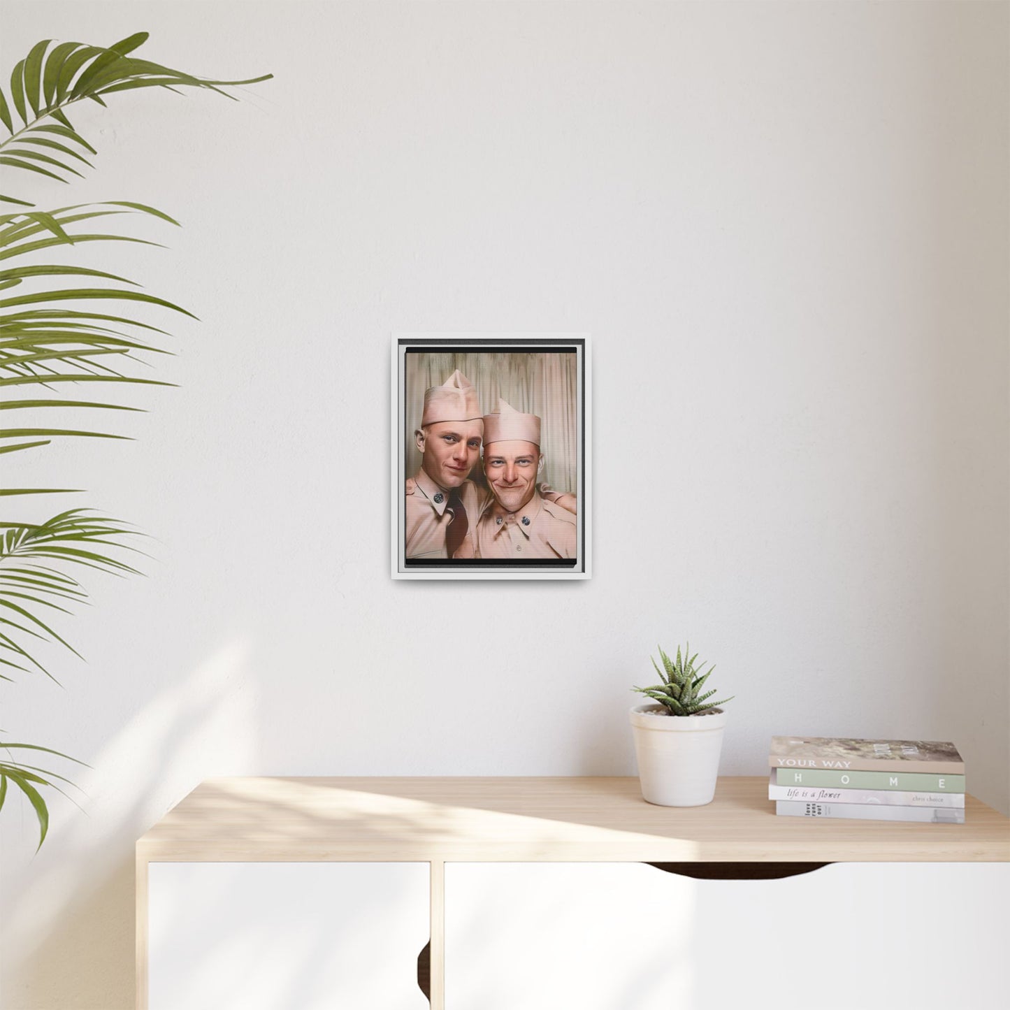 A framed vintage army portrait on matte canvas featuring two soldiers at Puget Sound Naval Shipyard, symbolizing friendship and service. Gay Couple Photo Booth