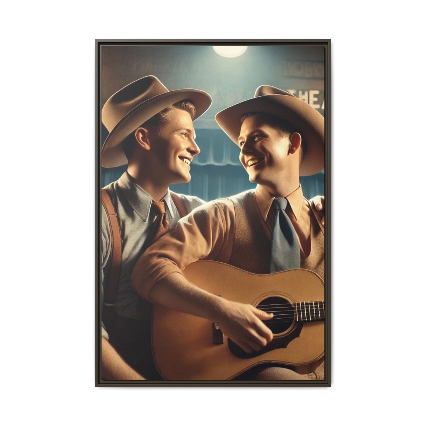 Artwork of a gay couple recording a country-western song in a 1930s-style studio. Dressed in classic Western attire with wide-brimmed hats and button-up shirts, the two men share an affectionate gaze, capturing love and unity in a nostalgic, vintage setting.