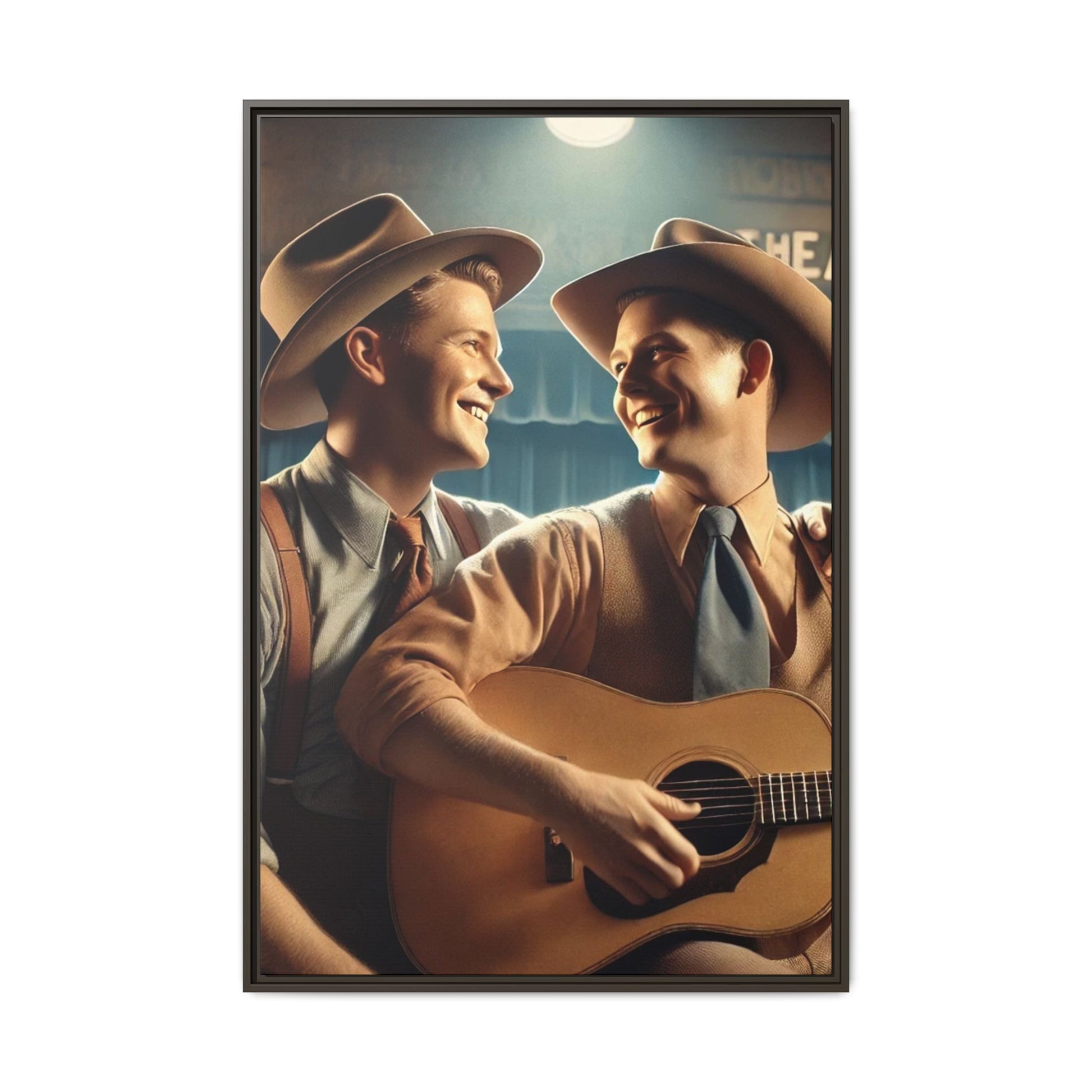 Artwork of a gay couple recording a country-western song in a 1930s-style studio. Dressed in classic Western attire with wide-brimmed hats and button-up shirts, the two men share an affectionate gaze, capturing love and unity in a nostalgic, vintage setting.