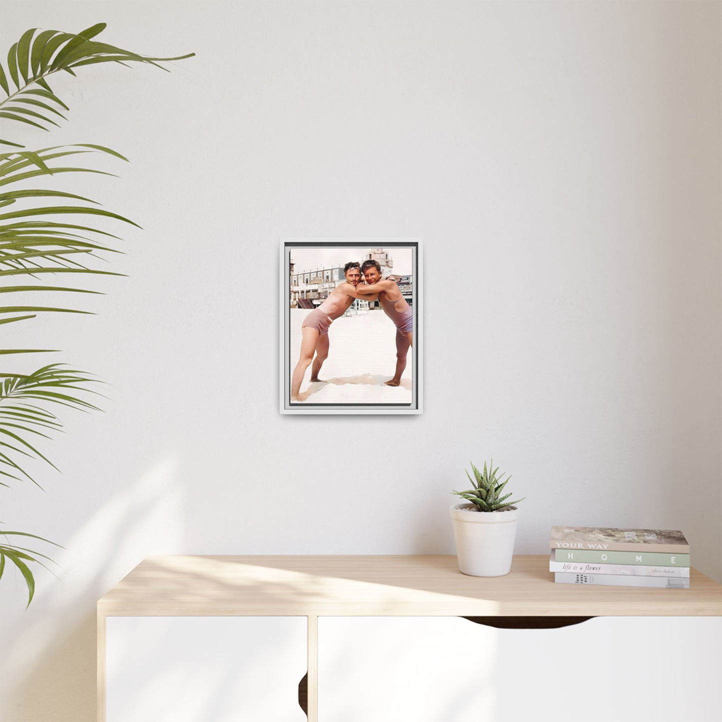 A vintage LGBTQ+ beach photo of Kenneth and Herman in Atlantic City, celebrating summer love and nostalgia. This restored and colorized canvas print captures the joy of seaside romance, making it a perfect addition to any vintage decor collection.