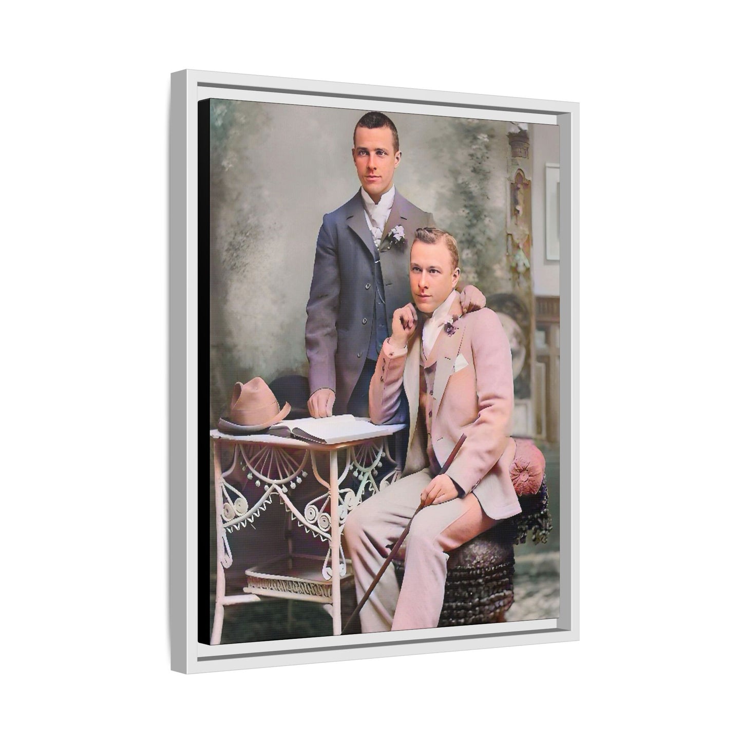 Restored early 1900s photo of Walt and Dewey in tailored suits, posed elegantly in Kansas City, celebrating LGBTQ+ love and resilience, framed as wall art. Gay Coup