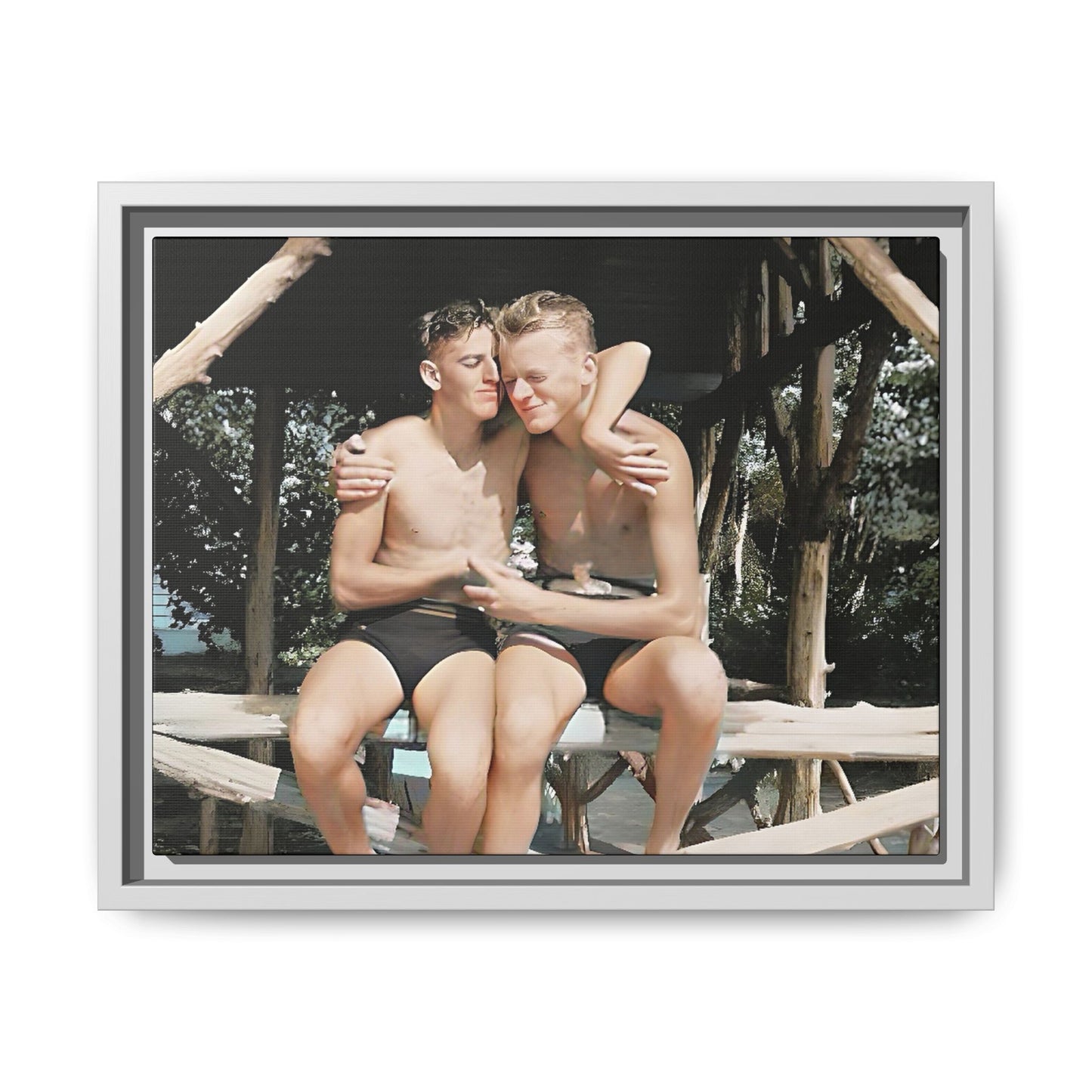 A vintage-inspired framed canvas print featuring Joseph and Billy at Kahena Beach, Hawaii. Their intimate moment under a sunlit pergola captures the warmth of love, freedom, and tropical serenity—perfect for coastal, LGBTQ+, and romantic home decor.