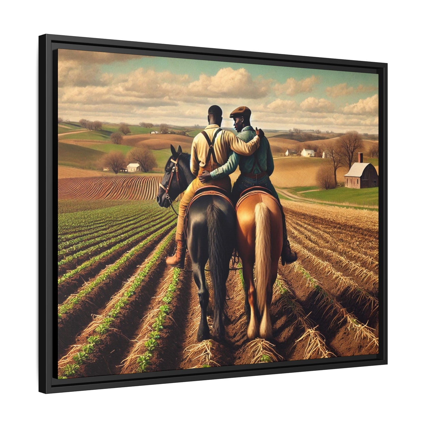 Artwork of an African-American gay couple riding horseback through expansive farmland, sharing a tender moment as they overlook lush fields. Dressed in rugged vintage attire, this scene captures resilience, love, and the charm of rural life, celebrating LGBTQ+ history and African-American heritage.