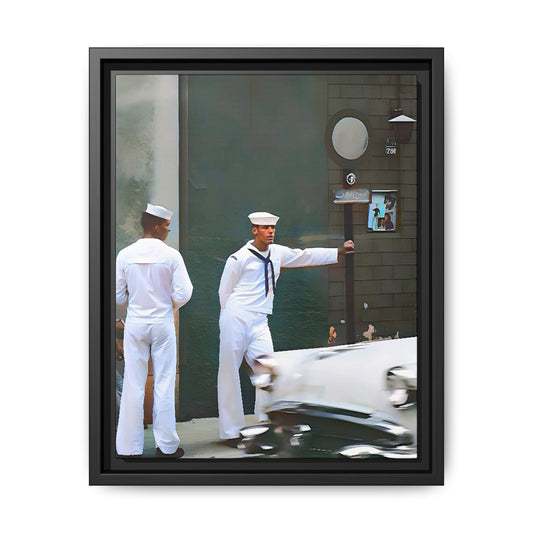 A restored vintage portrait of two sailors in Boystown, Northalsted, Chicago. This framed matte canvas celebrates LGBTQ+ history, urban charm, and community pride.