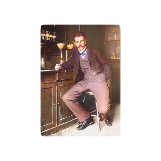 Vintage photo of a well-dressed scientist in a historical laboratory, surrounded by glassware and early scientific tools.