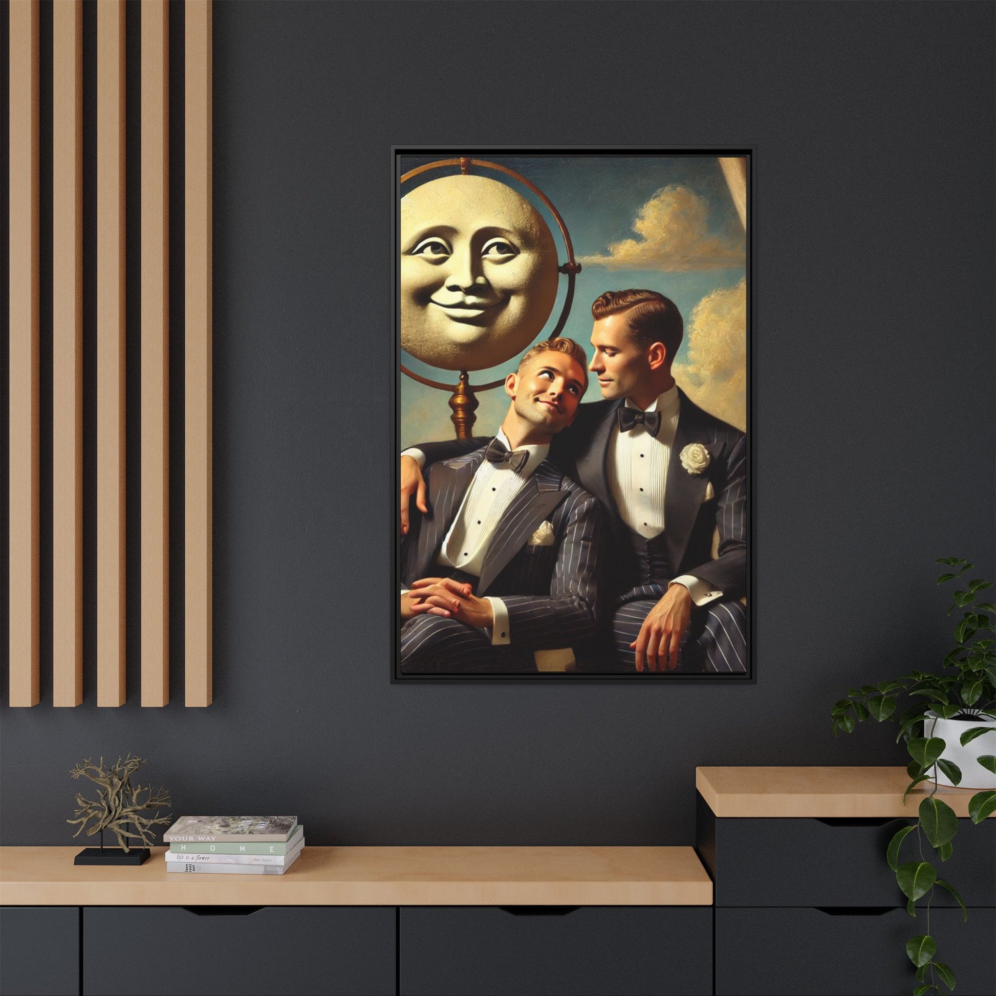 Framed matte canvas portrait featuring two young men in vintage overalls with a crescent moon prop above them. This artwork from the Missing Art Studies series reclaims LGBTQ+ imagery that may have been lost to bias, presenting warmth, intimacy, and presence.