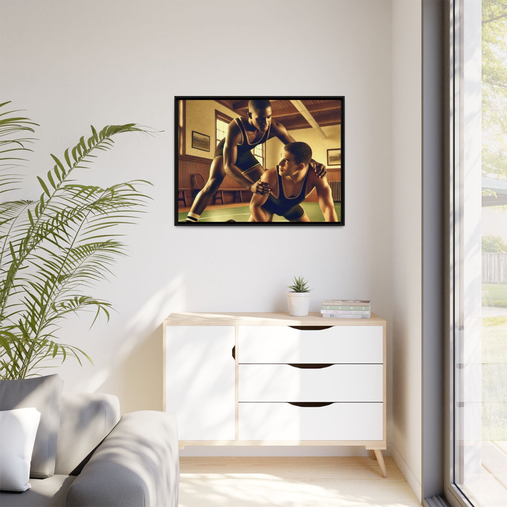 Framed canvas artwork inspired by Grant Wood featuring African-American and European-American wrestlers in a vintage gymnasium. A tribute to unity, diversity, and regionalist art.