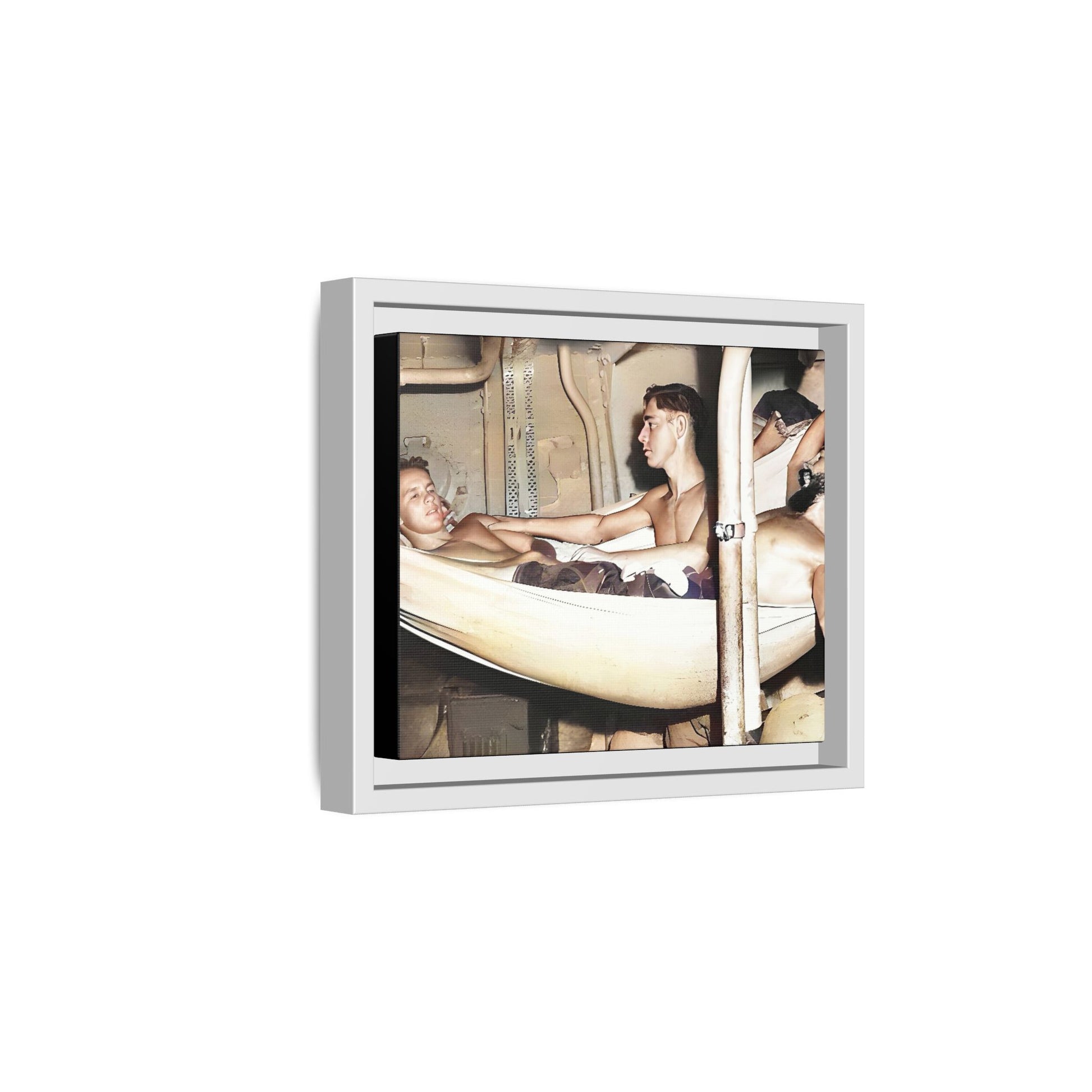 A framed vintage maritime photo on matte canvas featuring sailors aboard the Orleans, capturing life at sea and camaraderie.