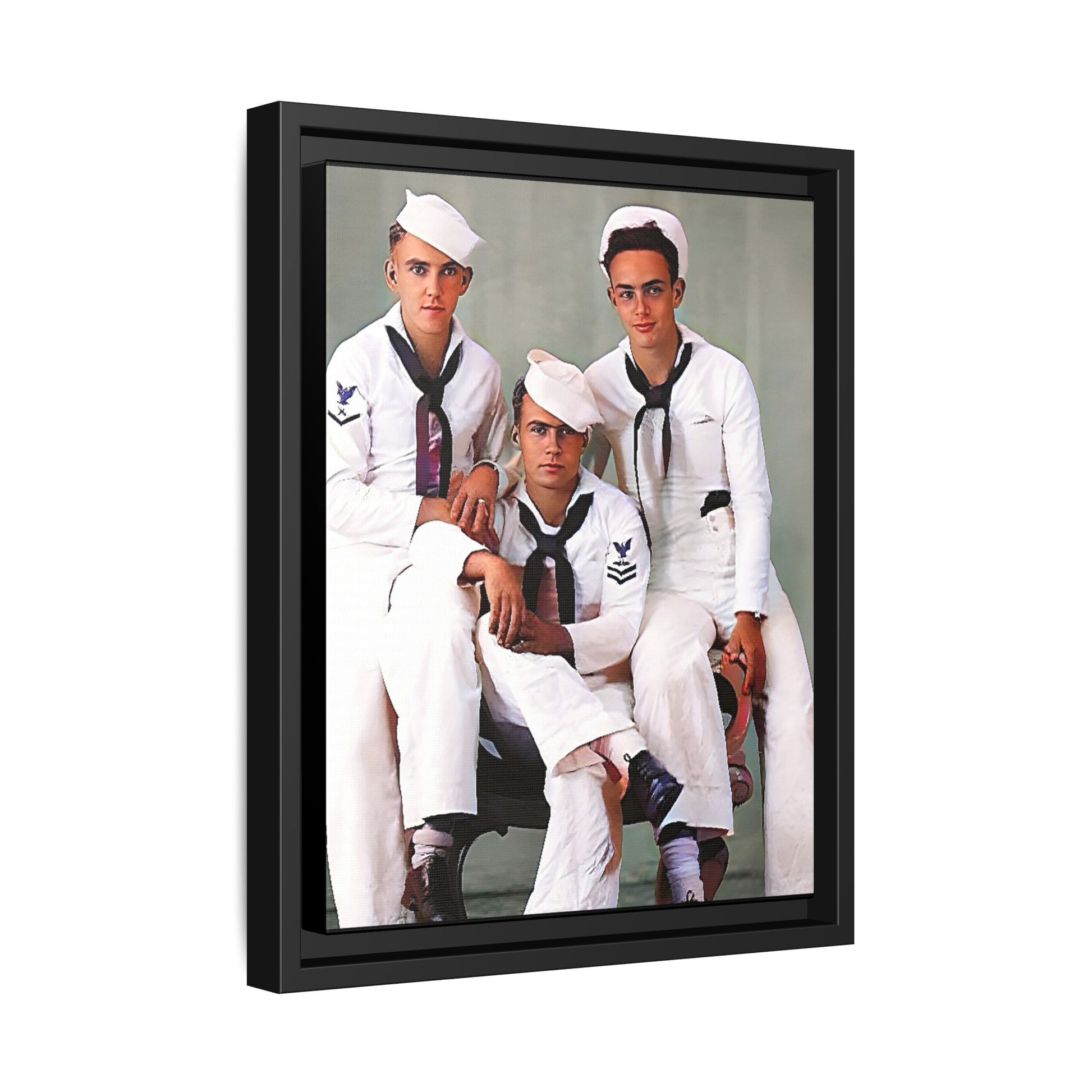 A restored vintage portrait of three sailors aboard the USS Alabama. This framed matte canvas honors naval history, camaraderie, and timeless service.