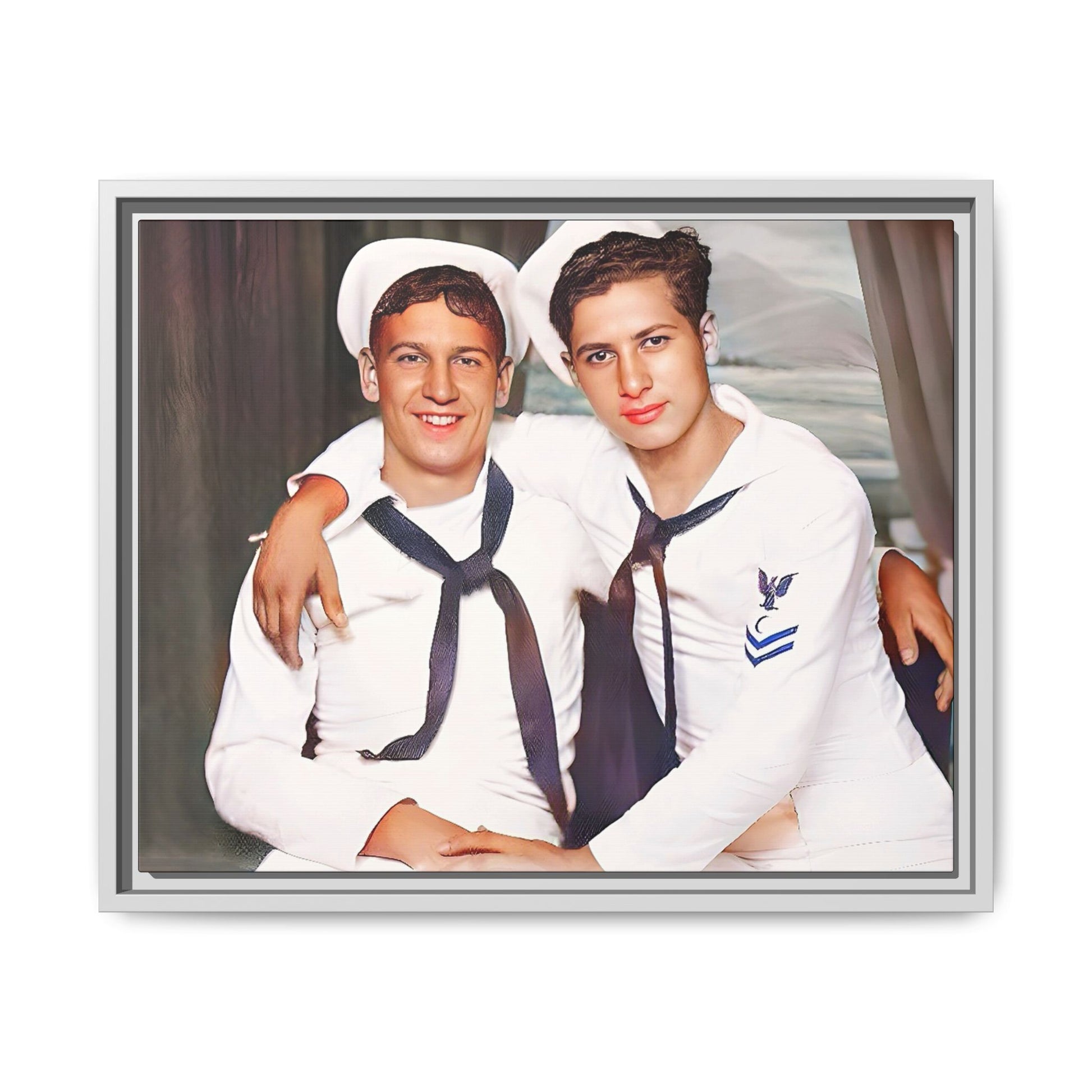 A restored vintage Navy portrait of Kenny and William at Fort Lee, Virginia. This framed matte canvas print honors military camaraderie, resilience, and LGBTQ+ history with a timeless tribute to friendship and love. Gay Couple Sailors Navy