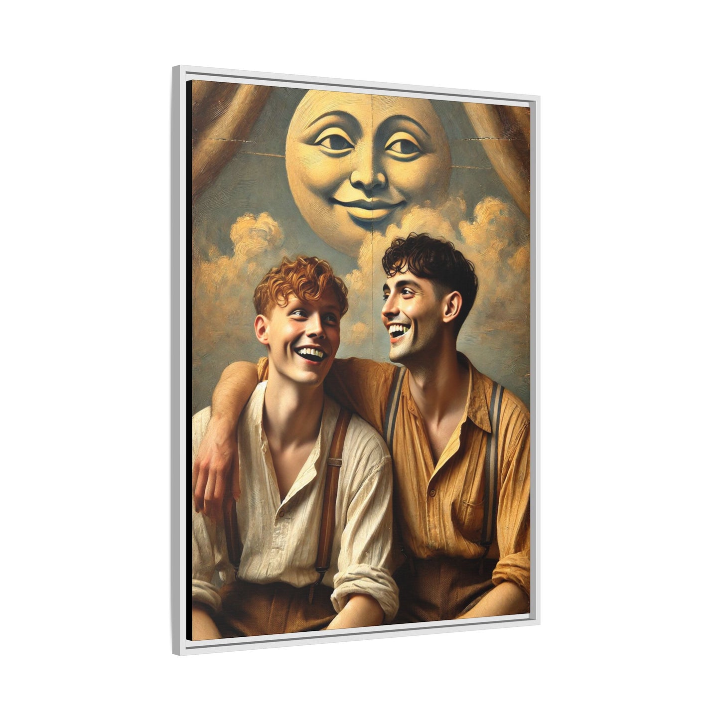 Queer artwork of two joyful young men dressed in vintage clothing with rolled sleeves and suspenders, laughing under a large moon prop in a dreamy studio scene. A celebration of love and resilience reclaimed from forgotten queer histories.