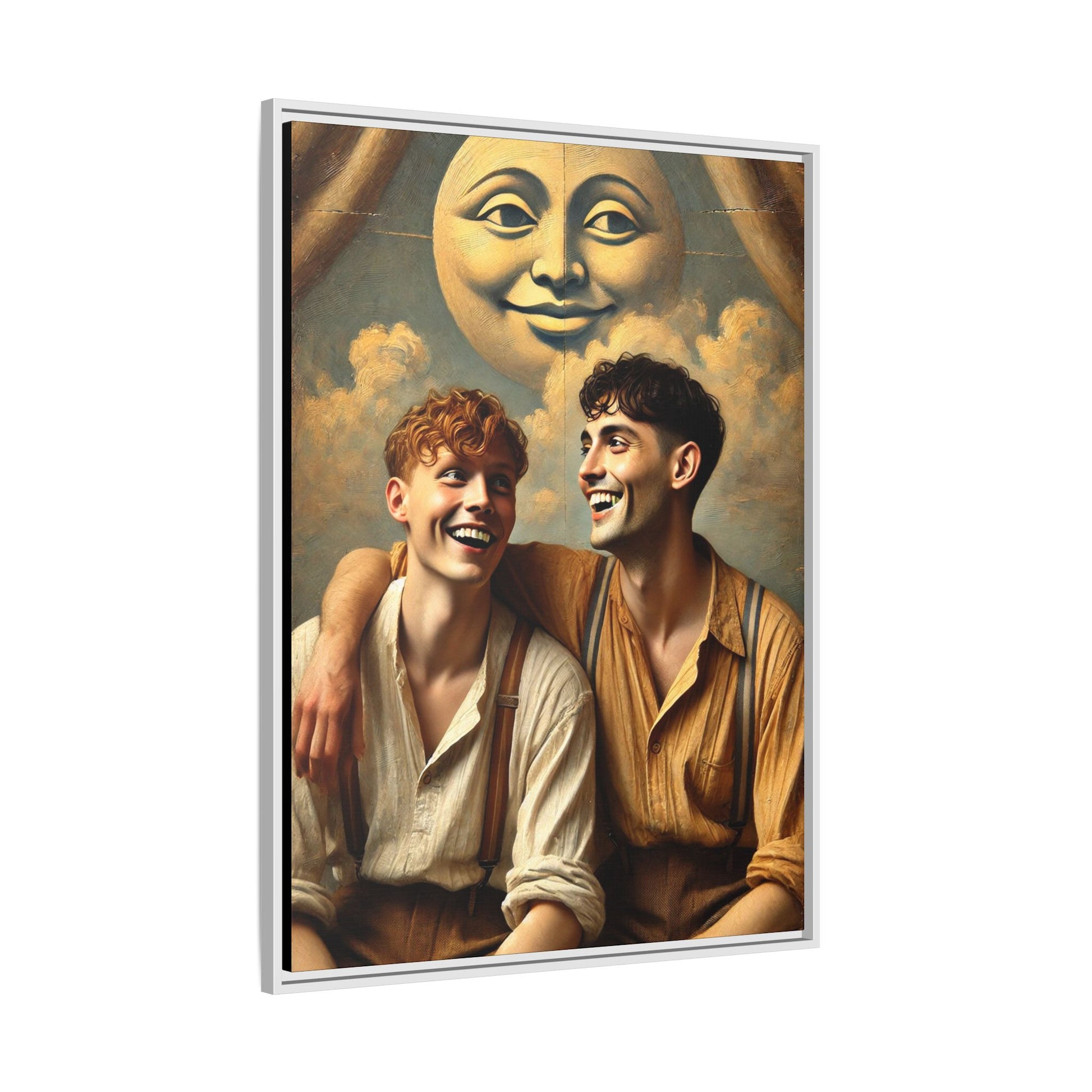 Queer artwork of two joyful young men dressed in vintage clothing with rolled sleeves and suspenders, laughing under a large moon prop in a dreamy studio scene. A celebration of love and resilience reclaimed from forgotten queer histories.