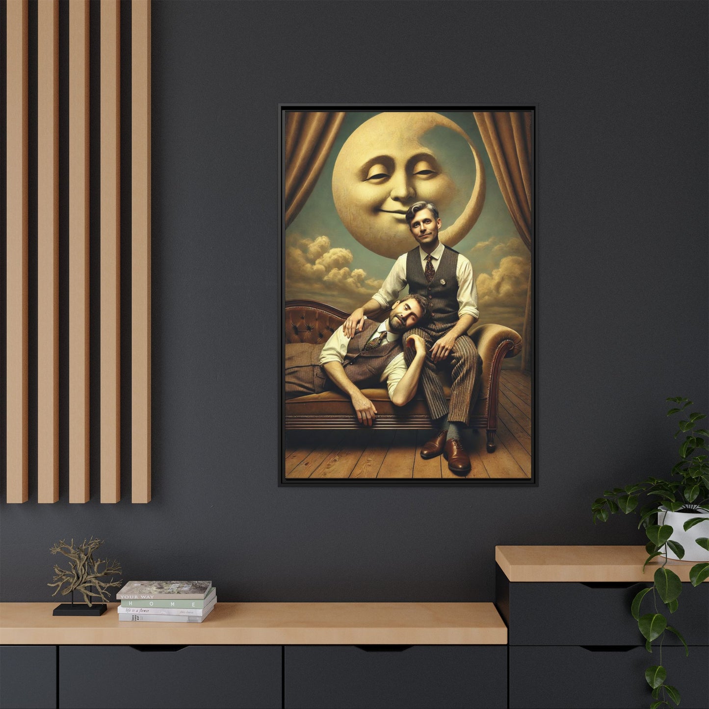 Vintage-style artwork of two men in 1920s clothing sitting close, one resting his head on the other’s lap beneath a smiling moon. Surrounded by theatrical curtains and clouds, this original piece honors lost queer love and challenges historical erasure with tenderness and pride.