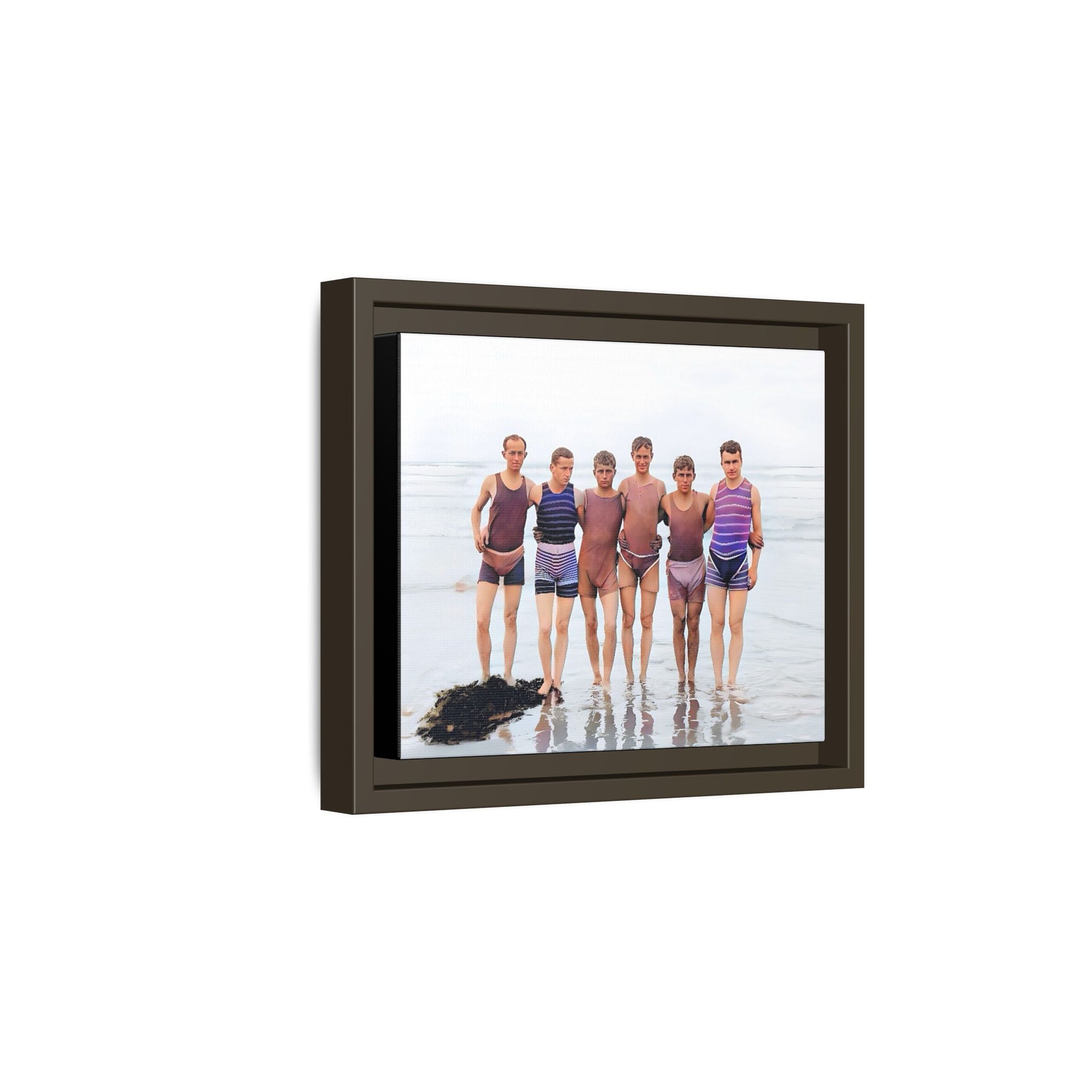 A framed vintage beach portrait on matte canvas featuring a joyful group at Herring Cove Beach, Provincetown, capturing timeless summer camaraderie.