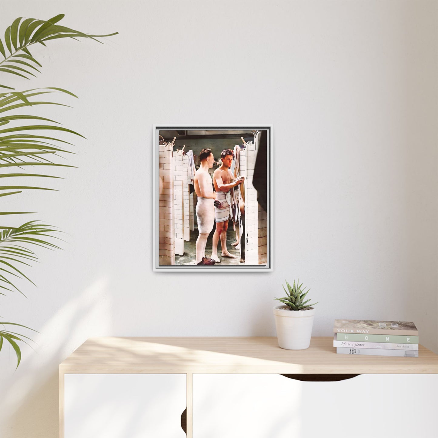 A restored and colorized vintage photo of Everard Baths in Manhattan, NYC. This framed matte canvas print celebrates LGBTQ+ history, capturing the spirit of camaraderie, liberation, and hidden stories from the past.