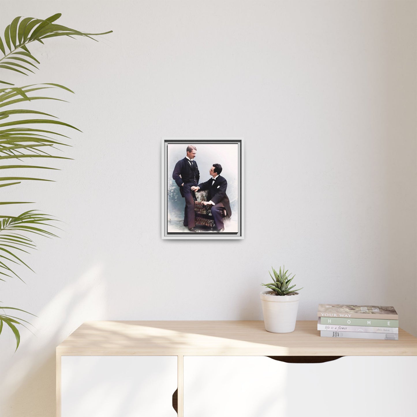 A beautifully restored vintage portrait of Ernest & Richard in Wilmington, North Carolina, exuding elegance and deep connection. Dressed in refined suits, their poised expressions capture a timeless LGBTQ+ love story, making this framed matte canvas print a stunning historical art piece for collectors and enthusiasts.