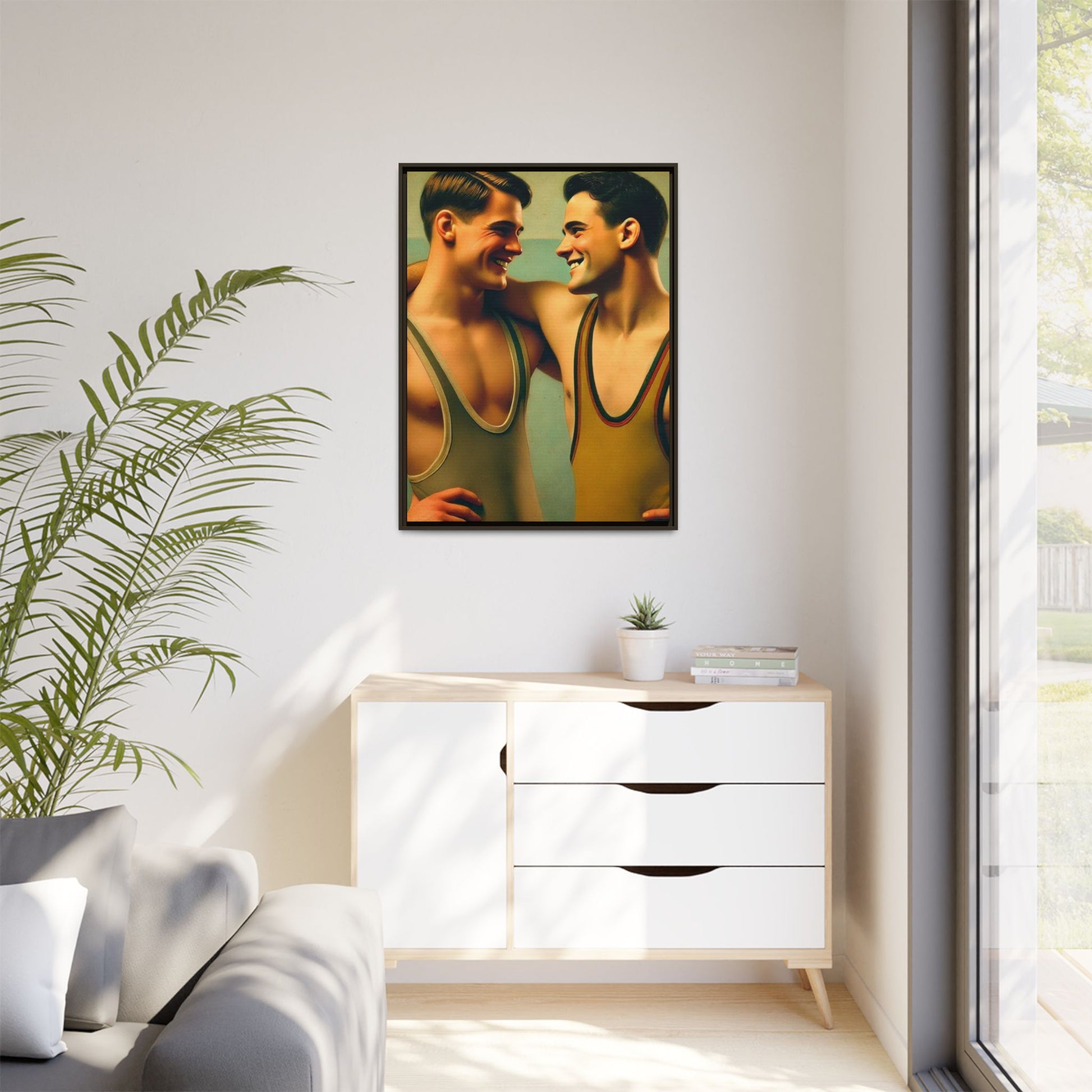 Framed artwork of two young wrestlers in vintage singlets sharing a candid moment, inspired by Grant Wood's Regionalist art style.