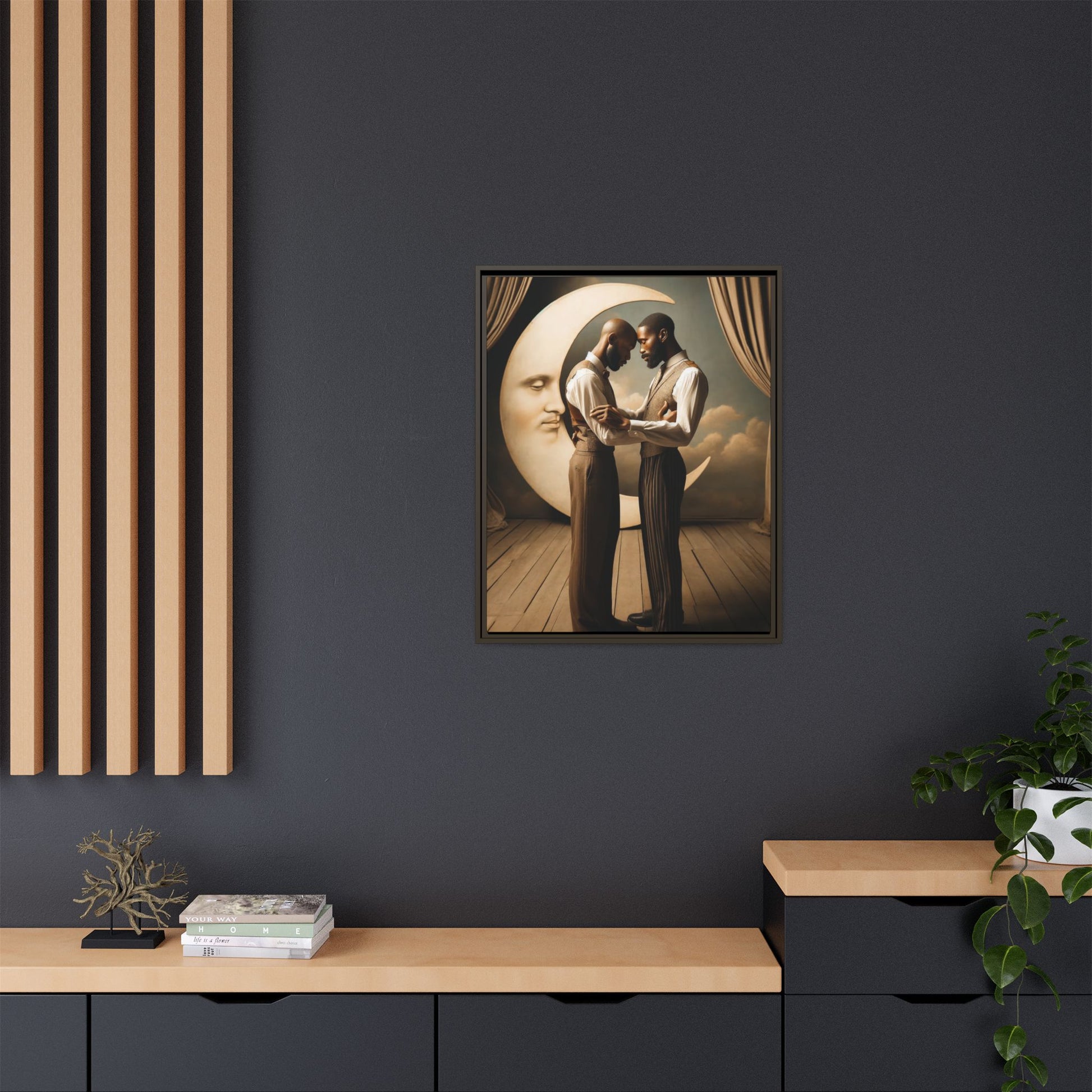 Two Black men in vintage 1920s clothing stand forehead to forehead, embraced beneath a glowing crescent moon. A theatrical scene honoring queer love, memory, and history, reclaiming moments that were never captured due to cultural bias.