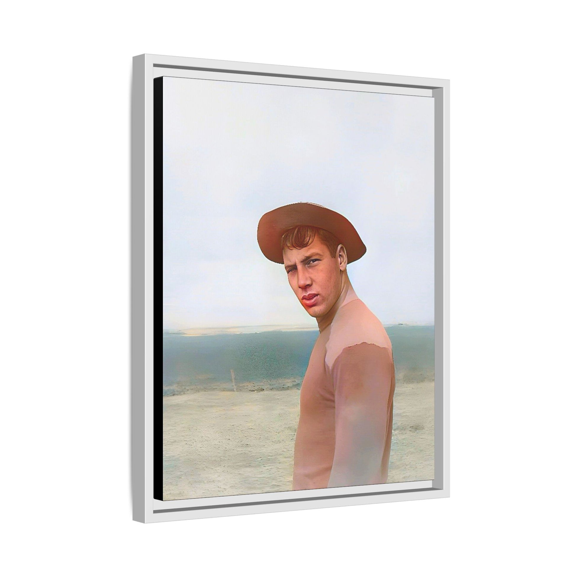 A framed vintage portrait on matte canvas featuring Victor at Cannon Beach, Oregon, capturing the rugged beauty of coastal life.