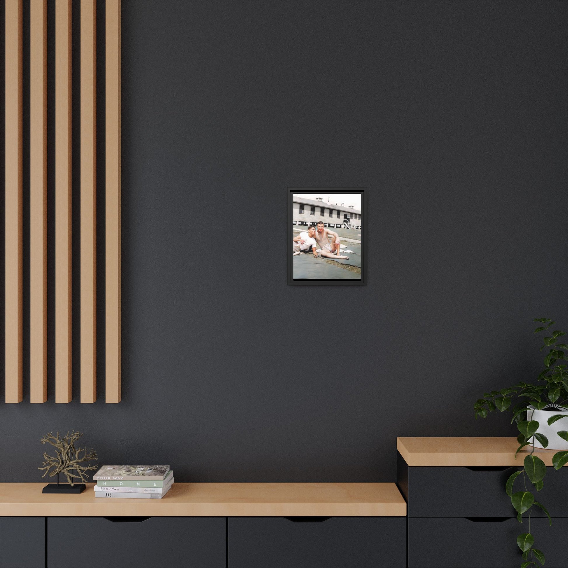 A framed vintage military portrait on matte canvas featuring Wayne and Jerry at Camp Blanding, Florida, capturing a timeless LGBTQ+ connection and companionship.
Gay Couple