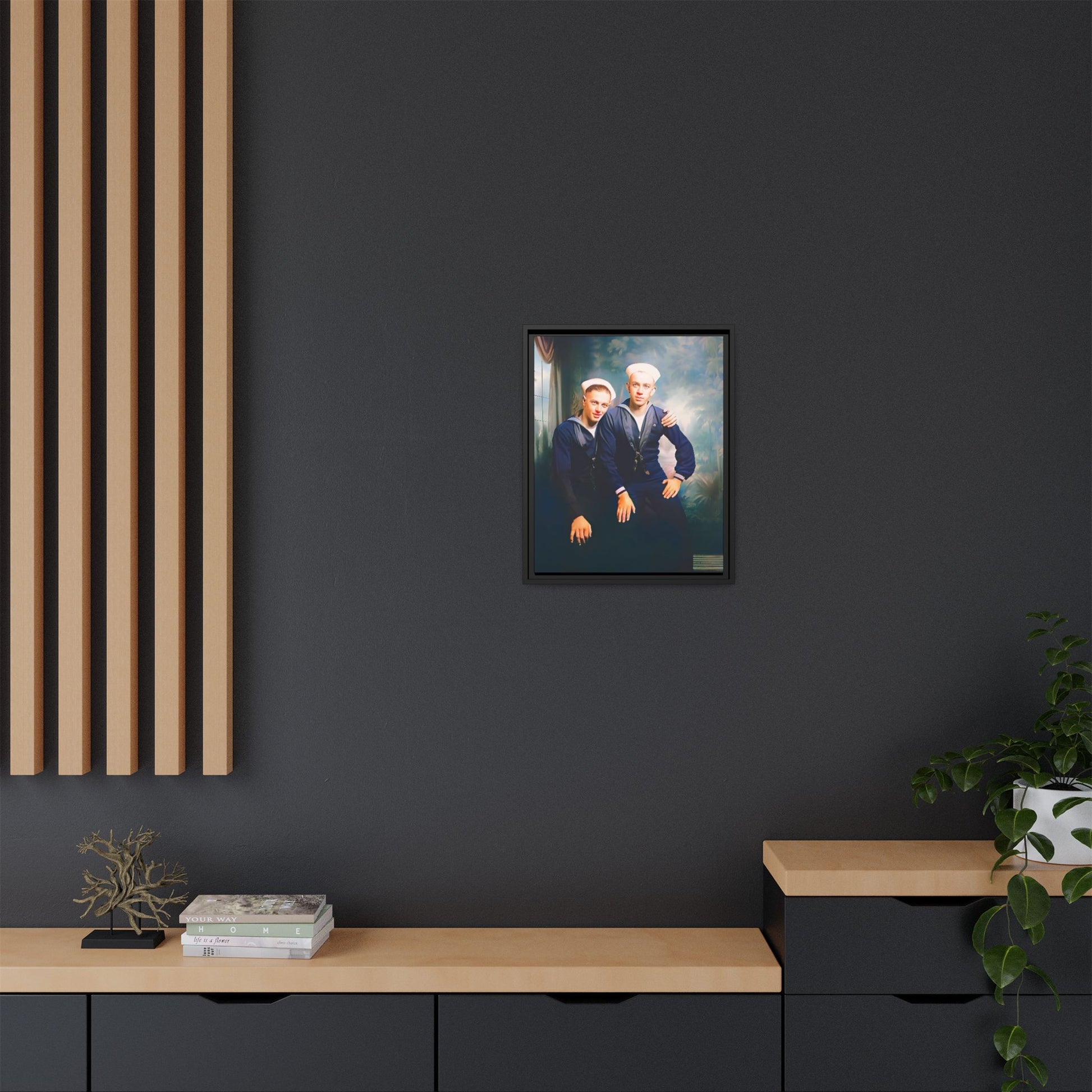 A restored vintage naval portrait of Thomas & Ervin at Naval Station Newport, Rhode Island. This framed matte canvas honors LGBTQ+ history, military service, and timeless camaraderie. Gay Couple