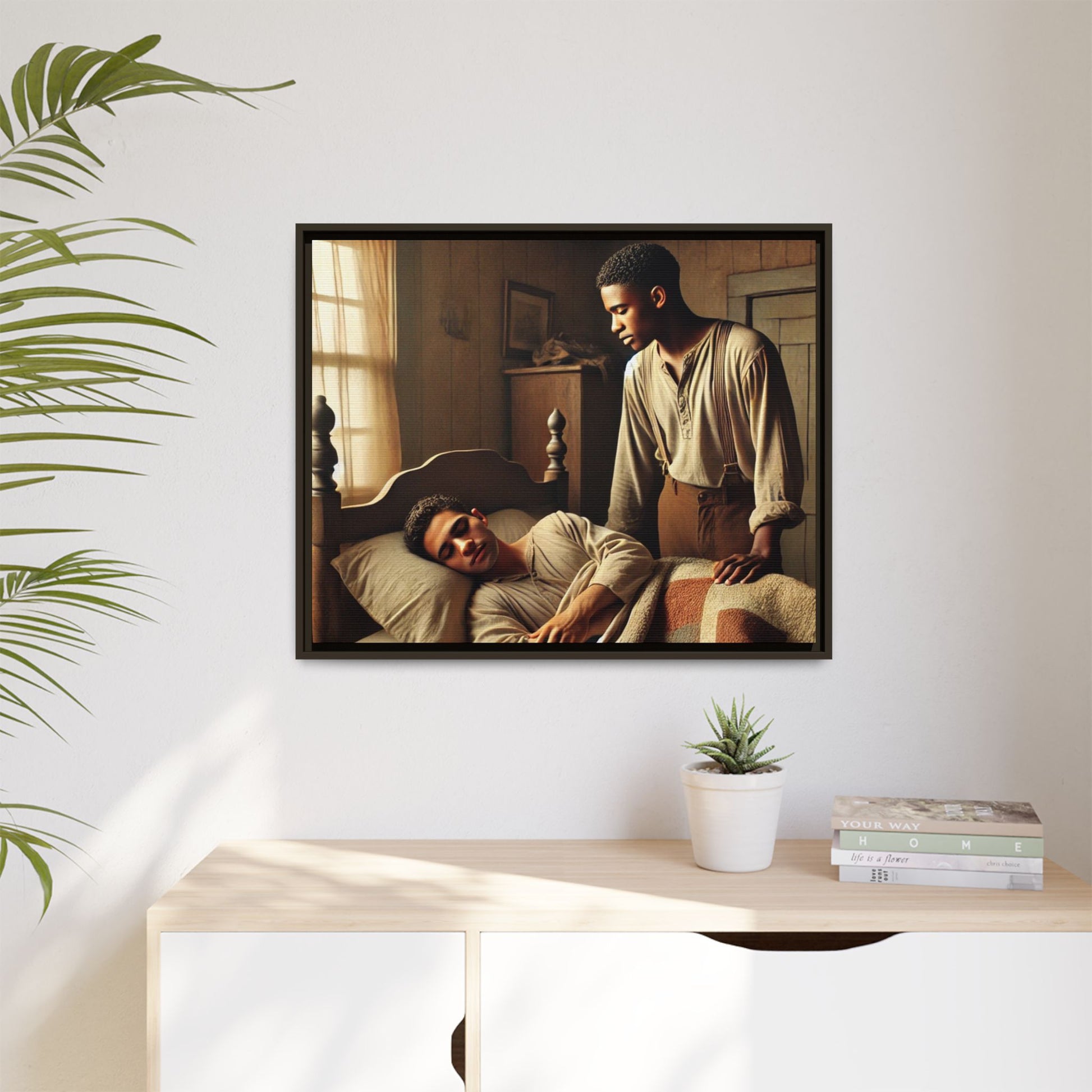 Grant 007 artwork depicting an African-American queer couple in a tender, intimate moment within a rustic bedroom. This scene, bathed in warm, nostalgic light, captures the love and quiet resilience of rural life, celebrating LGBTQ+ representation and African-American heritage.