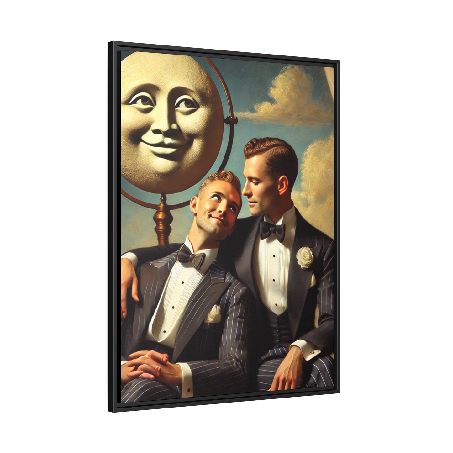 Framed matte canvas portrait featuring two young men in vintage overalls with a crescent moon prop above them. This artwork from the Missing Art Studies series reclaims LGBTQ+ imagery that may have been lost to bias, presenting warmth, intimacy, and presence.