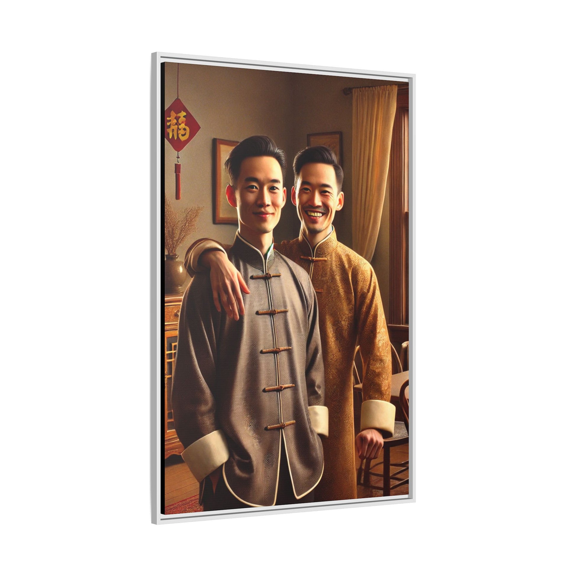 Artwork featuring a joyful portrait of a Chinese queer couple celebrating Chinese New Year in traditional attire. Set in a cozy American home adorned with subtle decorations, this image captures love, cultural pride, and warmth, blending Chinese heritage with a Midwestern setting
