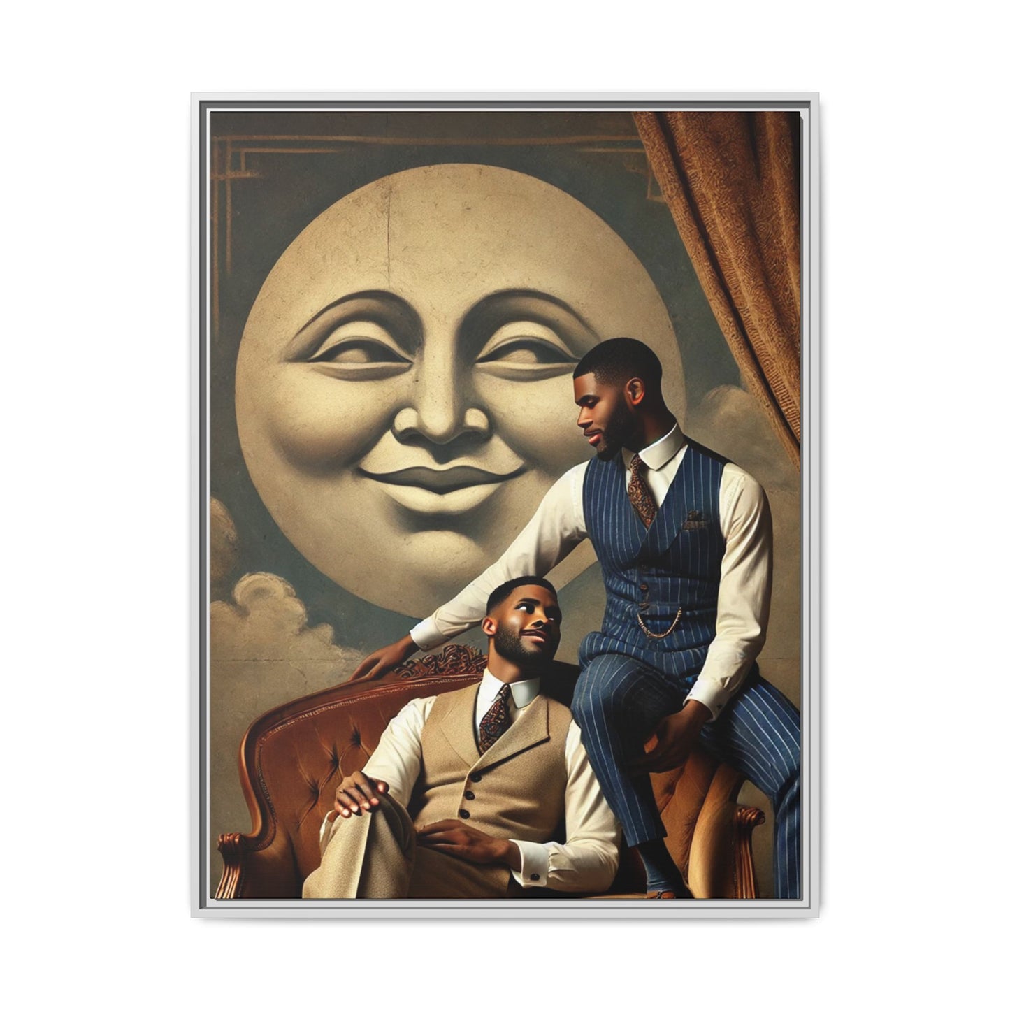 An elegant portrait of two Black men in vintage suits, seated affectionately beneath a smiling full moon. This 1920s-inspired artwork reclaims lost LGBTQ history, honoring Black queer love through style, softness, and resilience.